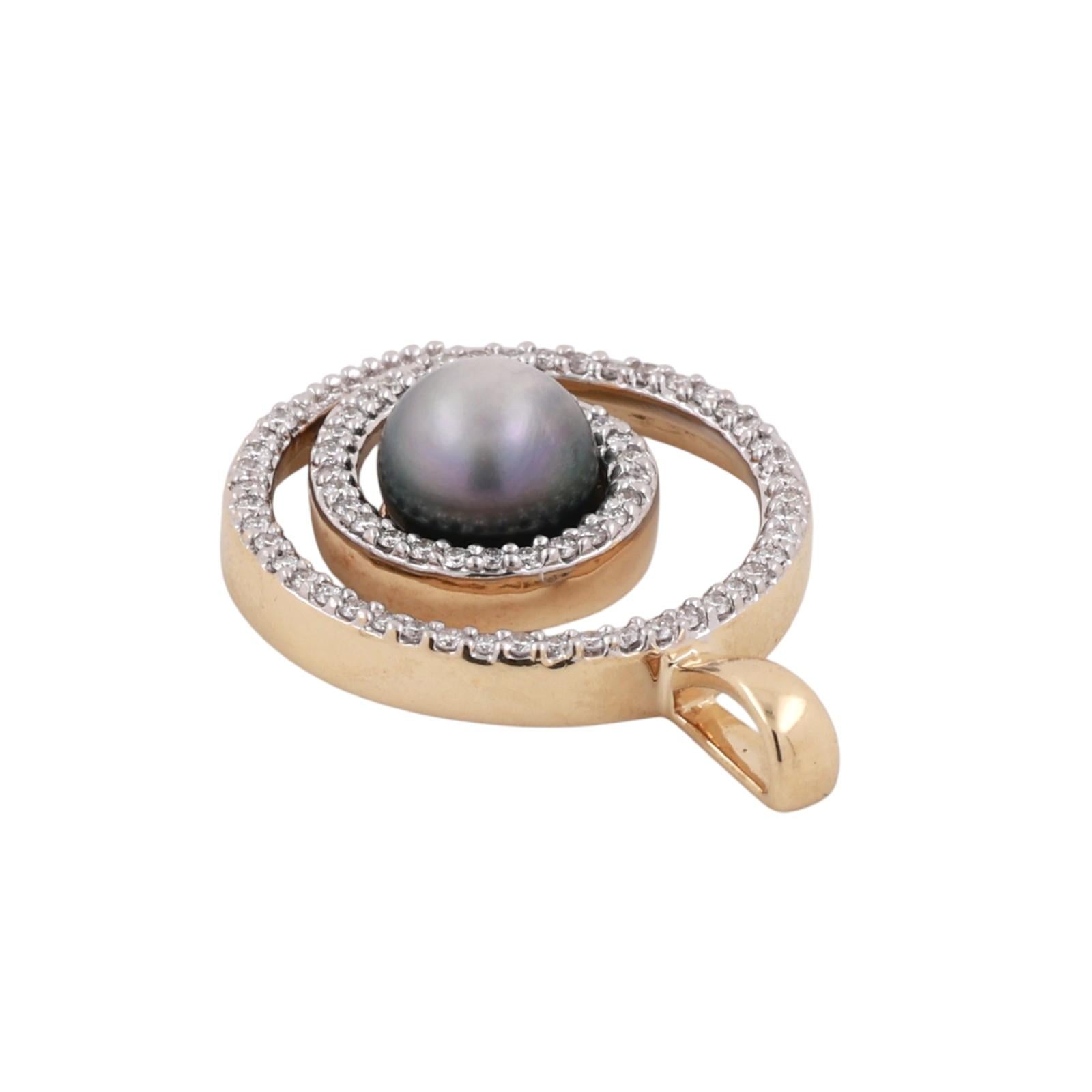 14K Two-Tone Gold Gray Akoya Pearl Diamond Circle Swirl Pendant 0.50CTW Diamonds