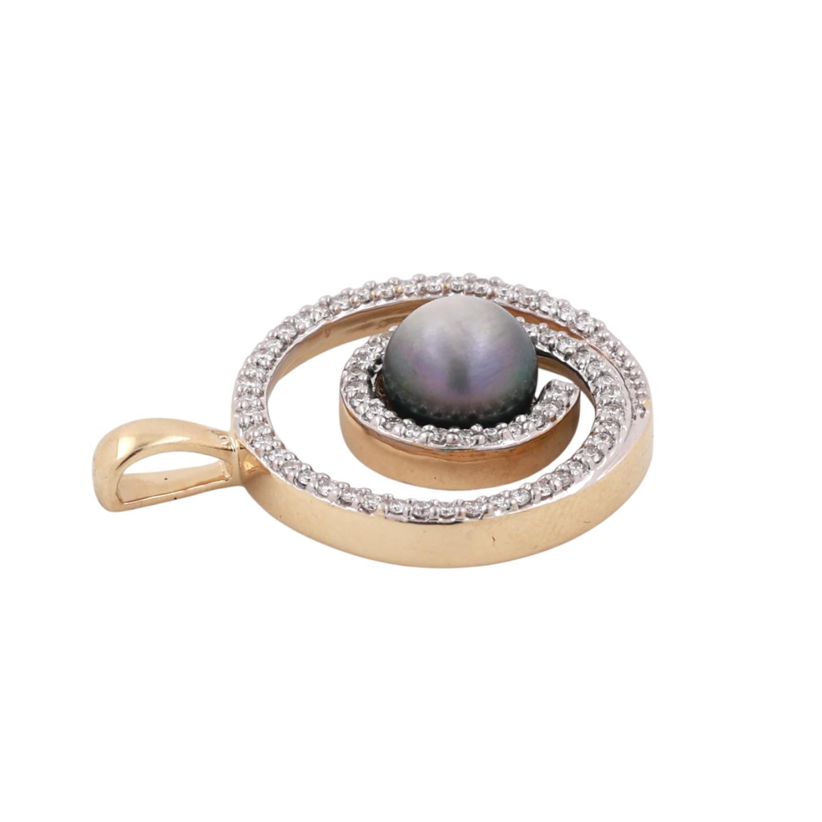 14K Two-Tone Gold Gray Akoya Pearl Diamond Circle Swirl Pendant 0.50CTW Diamonds
