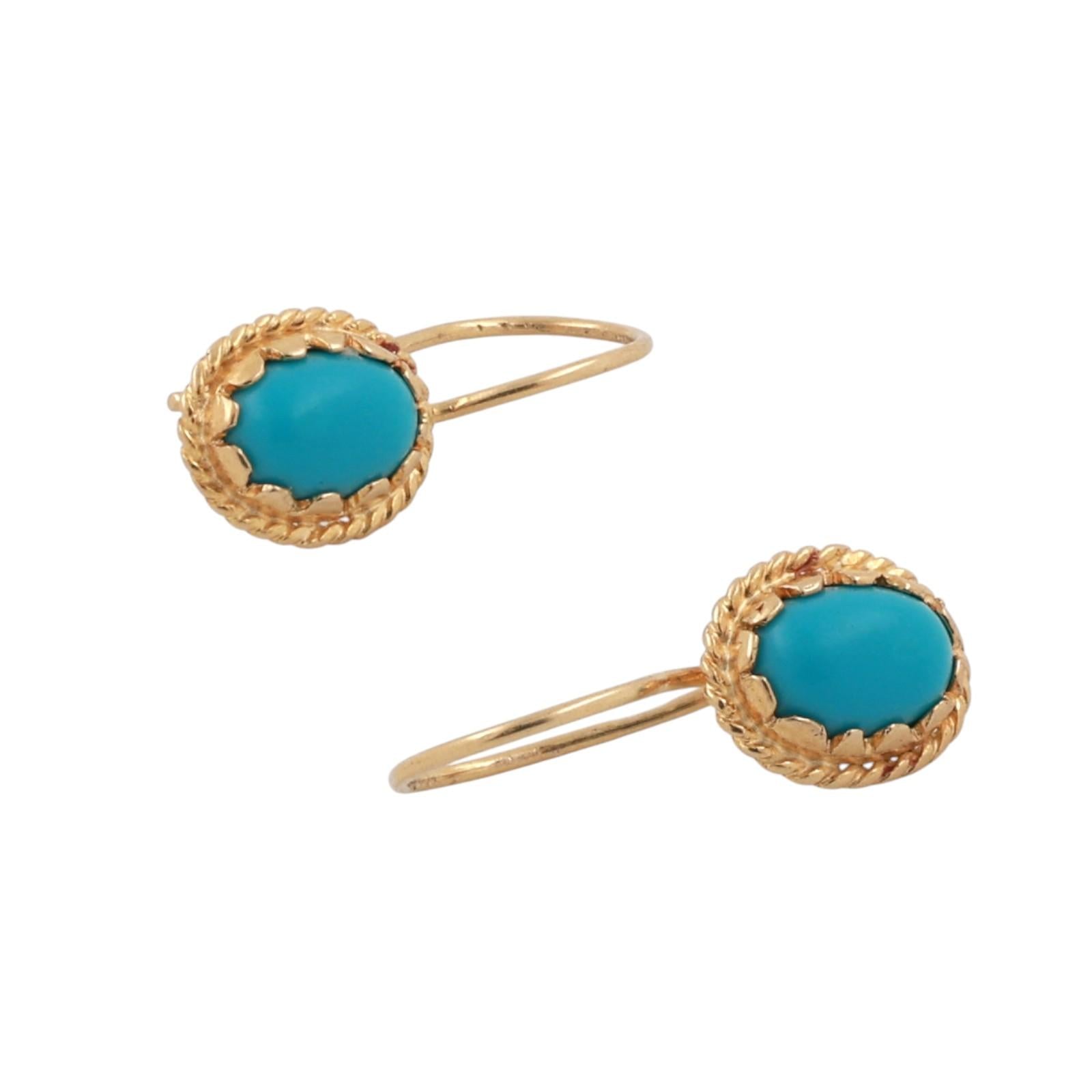 14K Yellow Gold Reconstituted Turquoise Cabochon Oval Rope Frame Dangle Earrings
