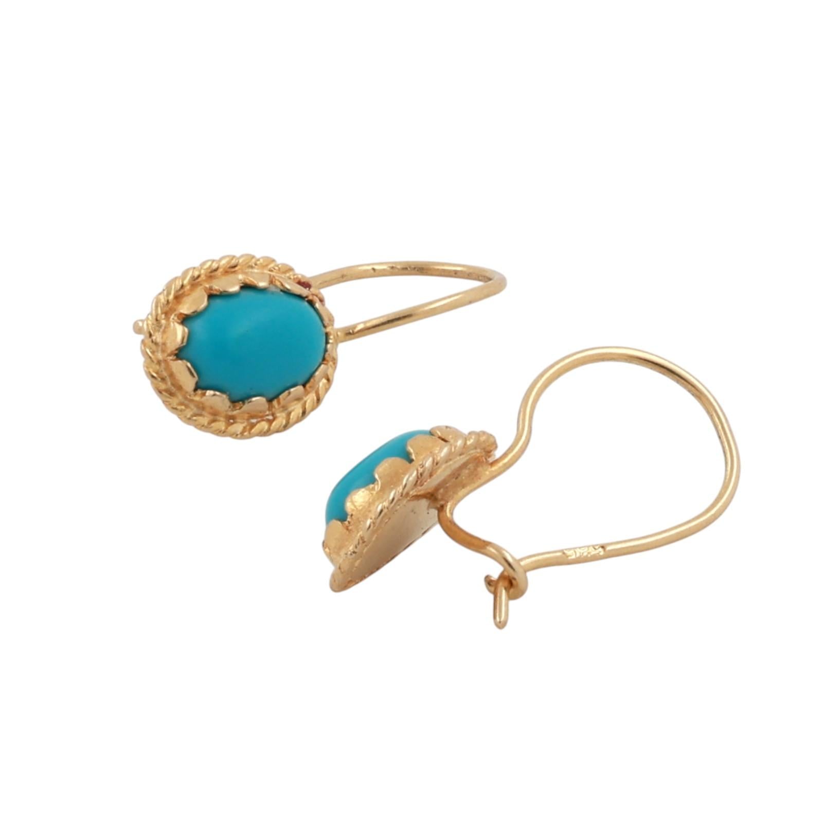 14K Yellow Gold Reconstituted Turquoise Cabochon Oval Rope Frame Dangle Earrings