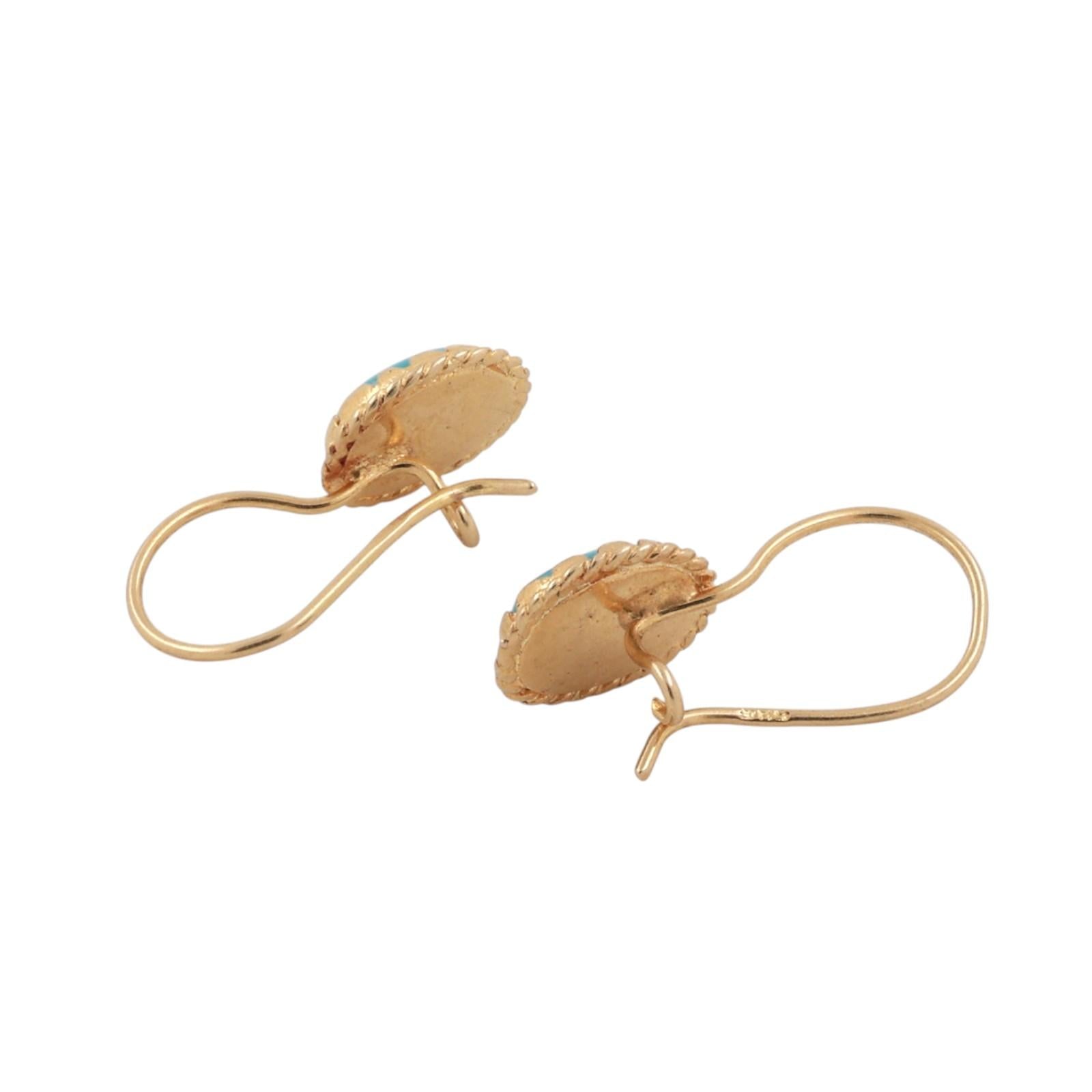 14K Yellow Gold Reconstituted Turquoise Cabochon Oval Rope Frame Dangle Earrings