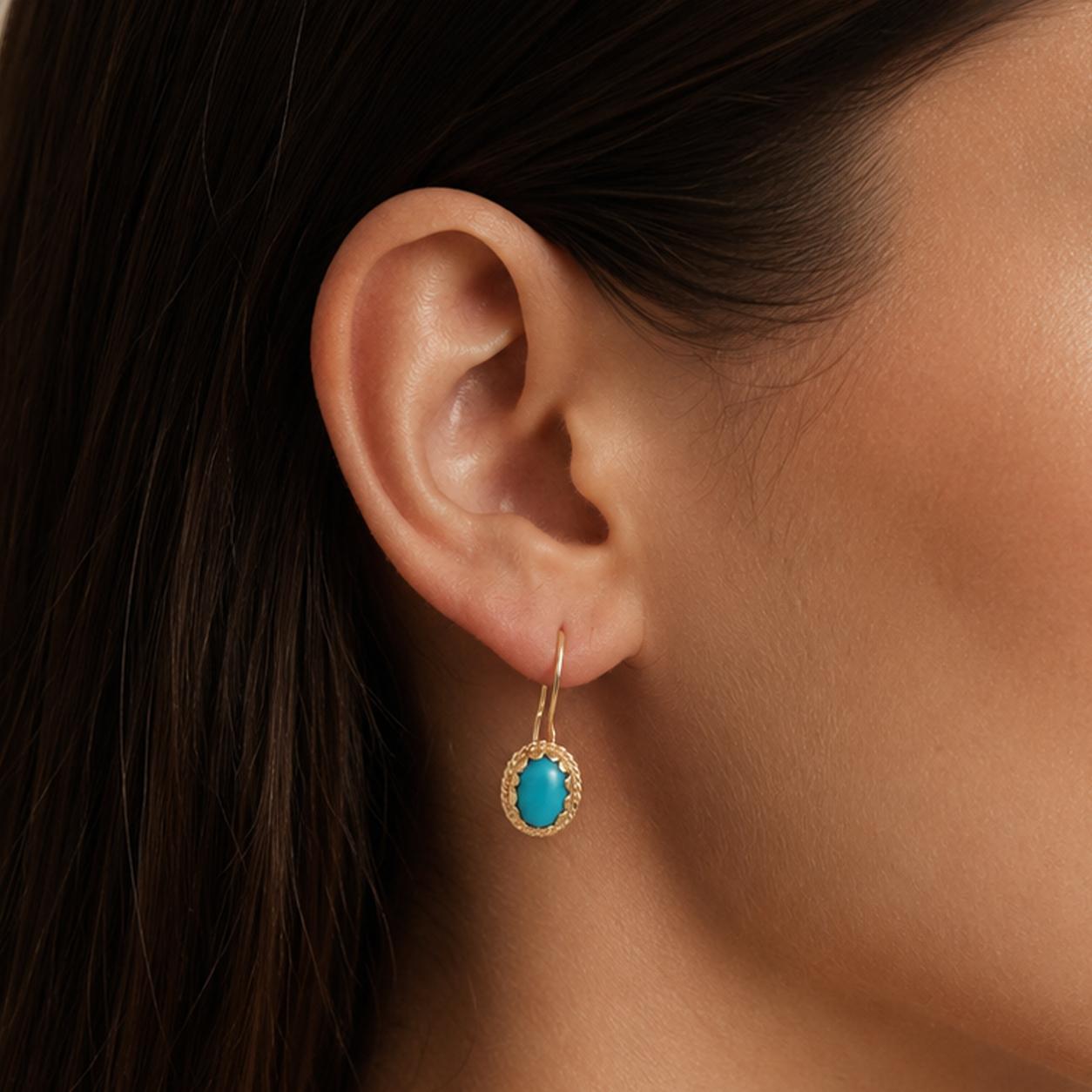 14K Yellow Gold Reconstituted Turquoise Cabochon Oval Rope Frame Dangle Earrings