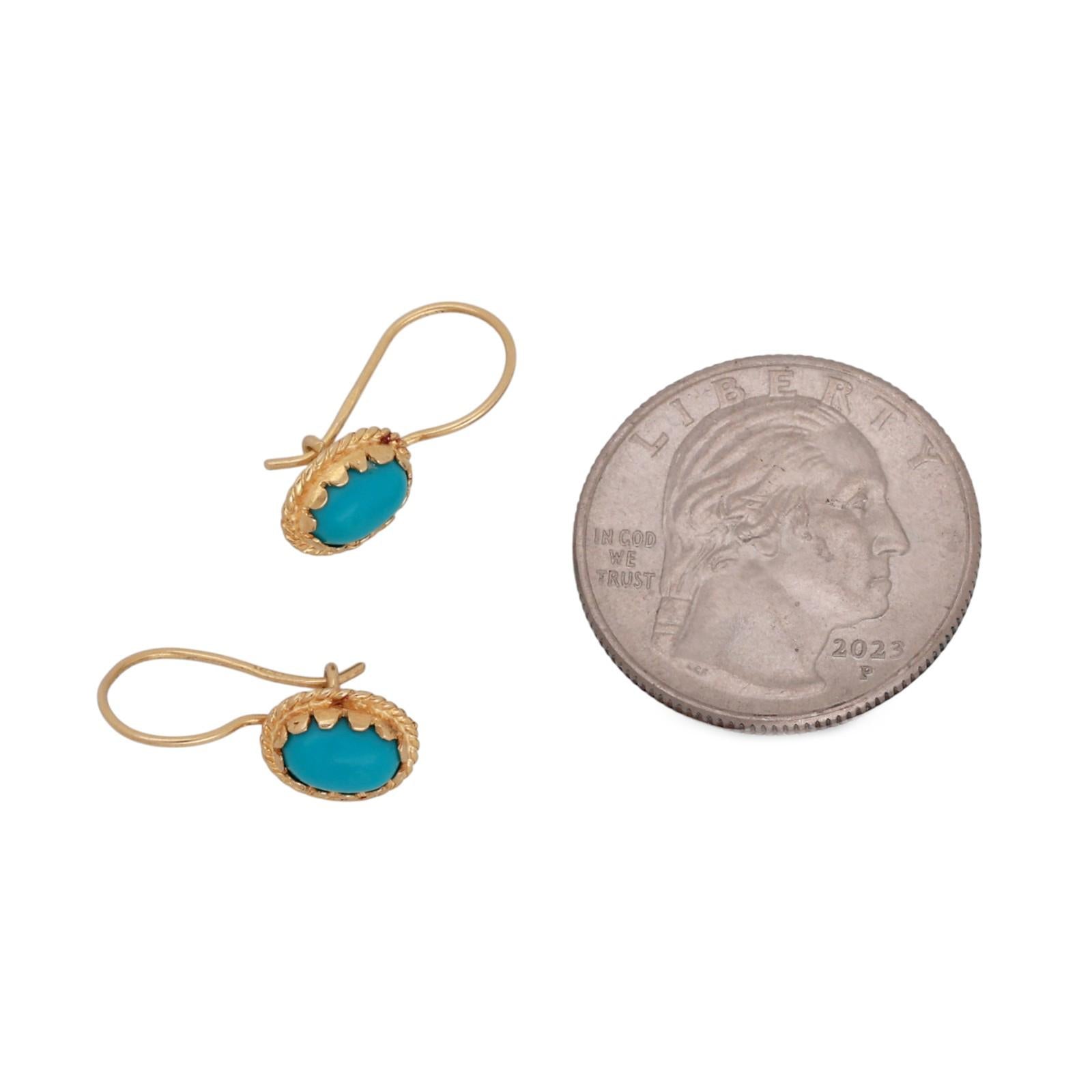 14K Yellow Gold Reconstituted Turquoise Cabochon Oval Rope Frame Dangle Earrings