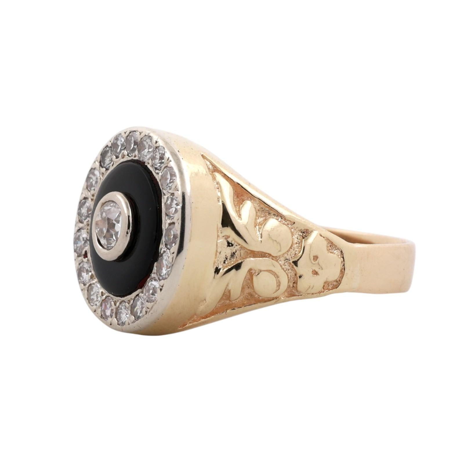 Art Deco Two Tone Gold Onyx Old European Cut Diamond Target Ring Estate 0.90CTW