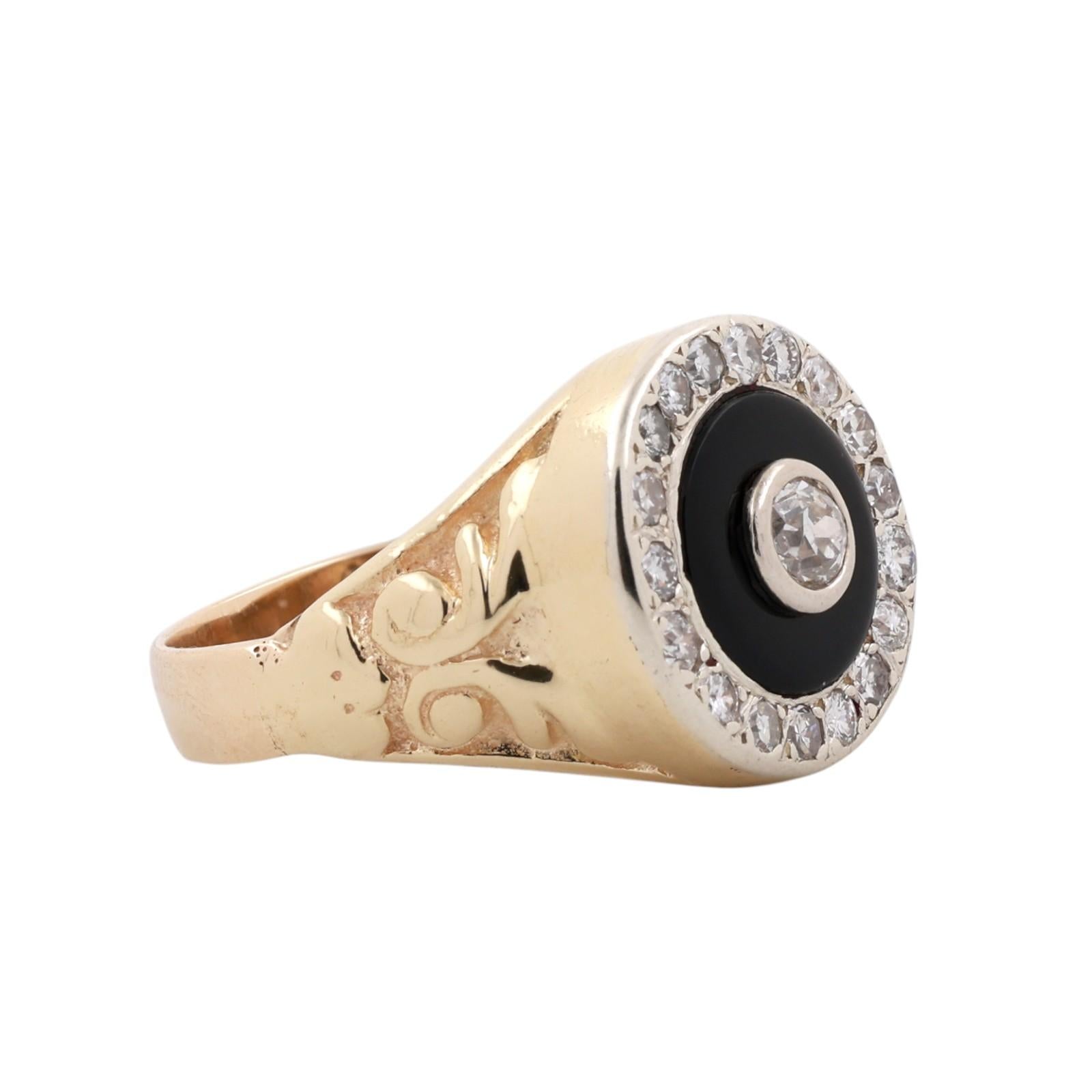 Art Deco Two Tone Gold Onyx Old European Cut Diamond Target Ring Estate 0.90CTW