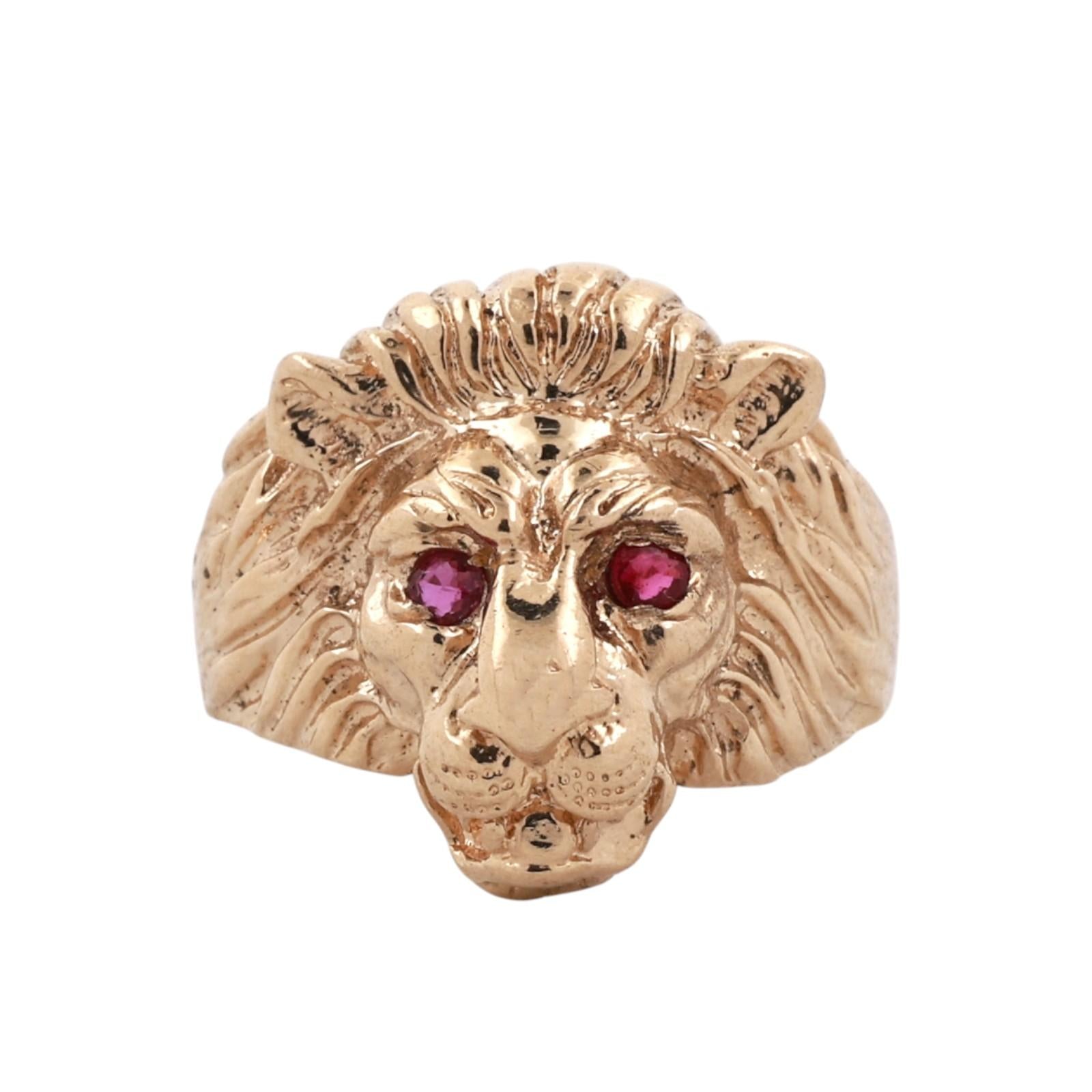 14K Yellow Gold Ruby Eye Lion Head Statement Ring Estate Size 6.75