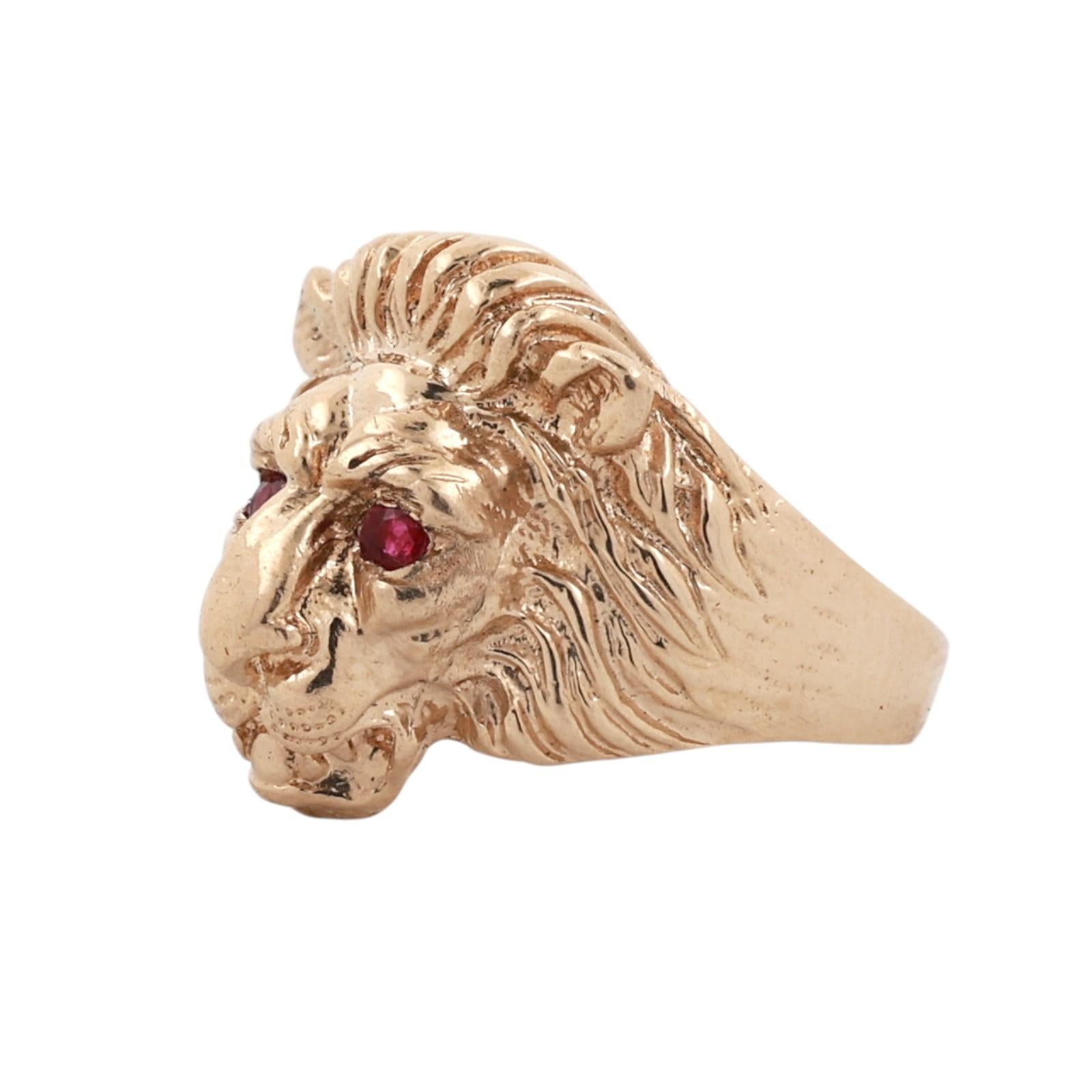 14K Yellow Gold Ruby Eye Lion Head Statement Ring Estate Size 6.75