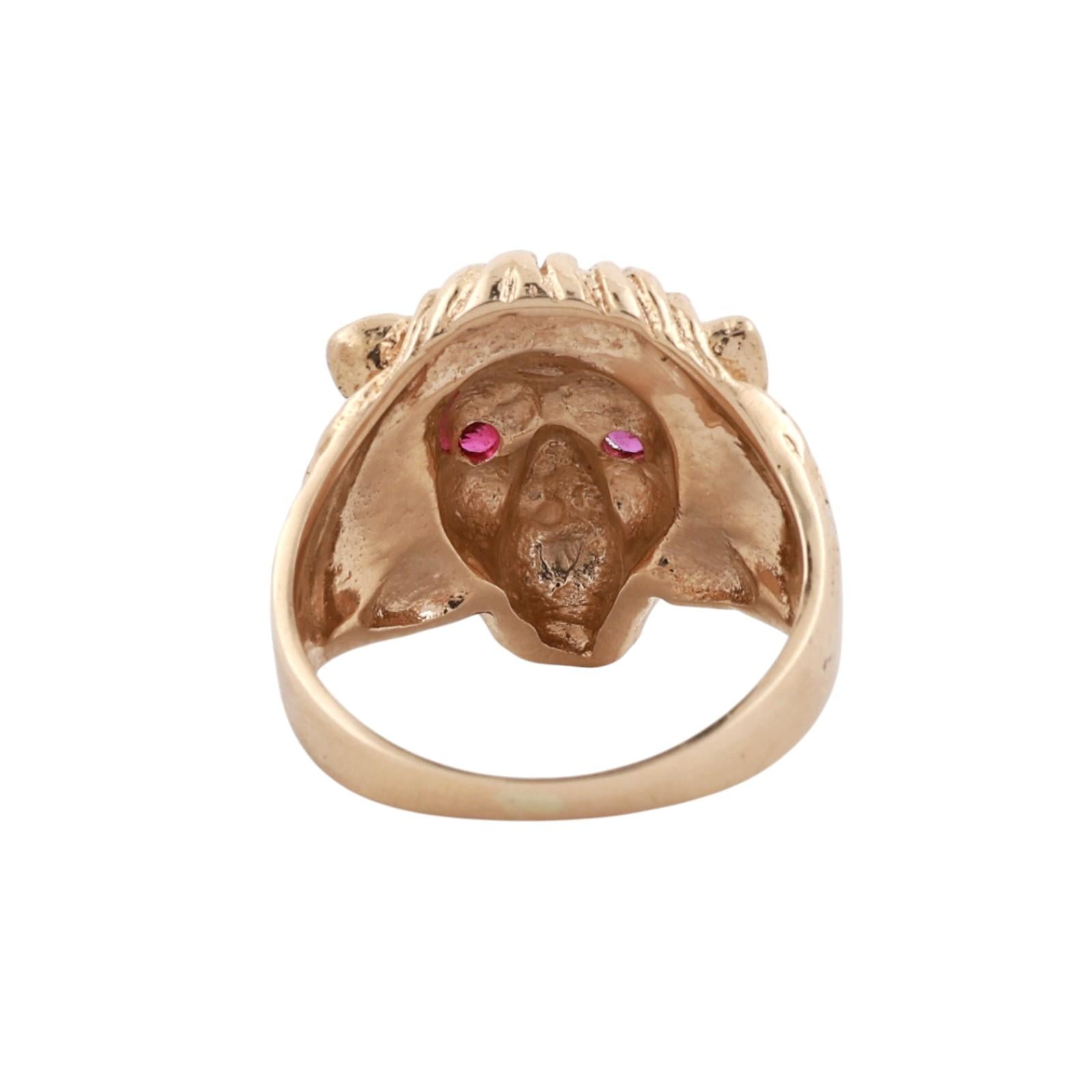 14K Yellow Gold Ruby Eye Lion Head Statement Ring Estate Size 6.75