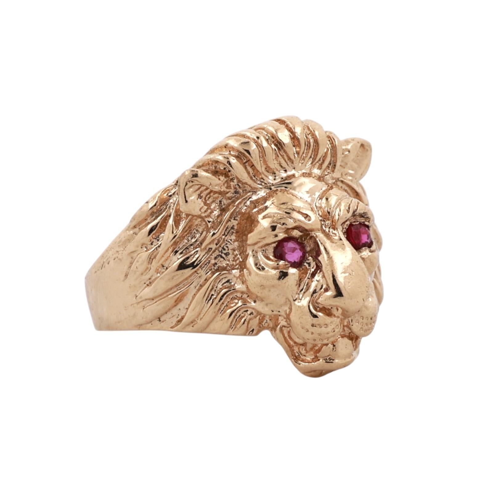 14K Yellow Gold Ruby Eye Lion Head Statement Ring Estate Size 6.75
