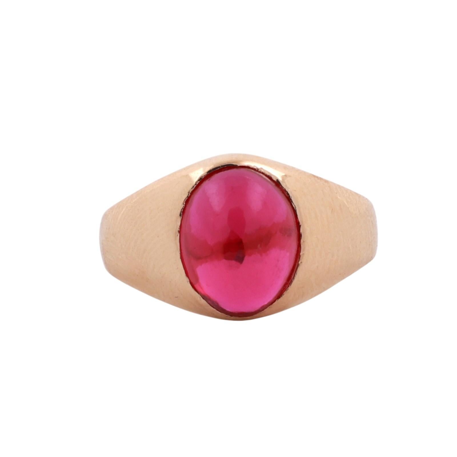 14K Yellow Gold 2.65CT Lab Created Ruby Oval Cabochon Satin Finish Signet Ring