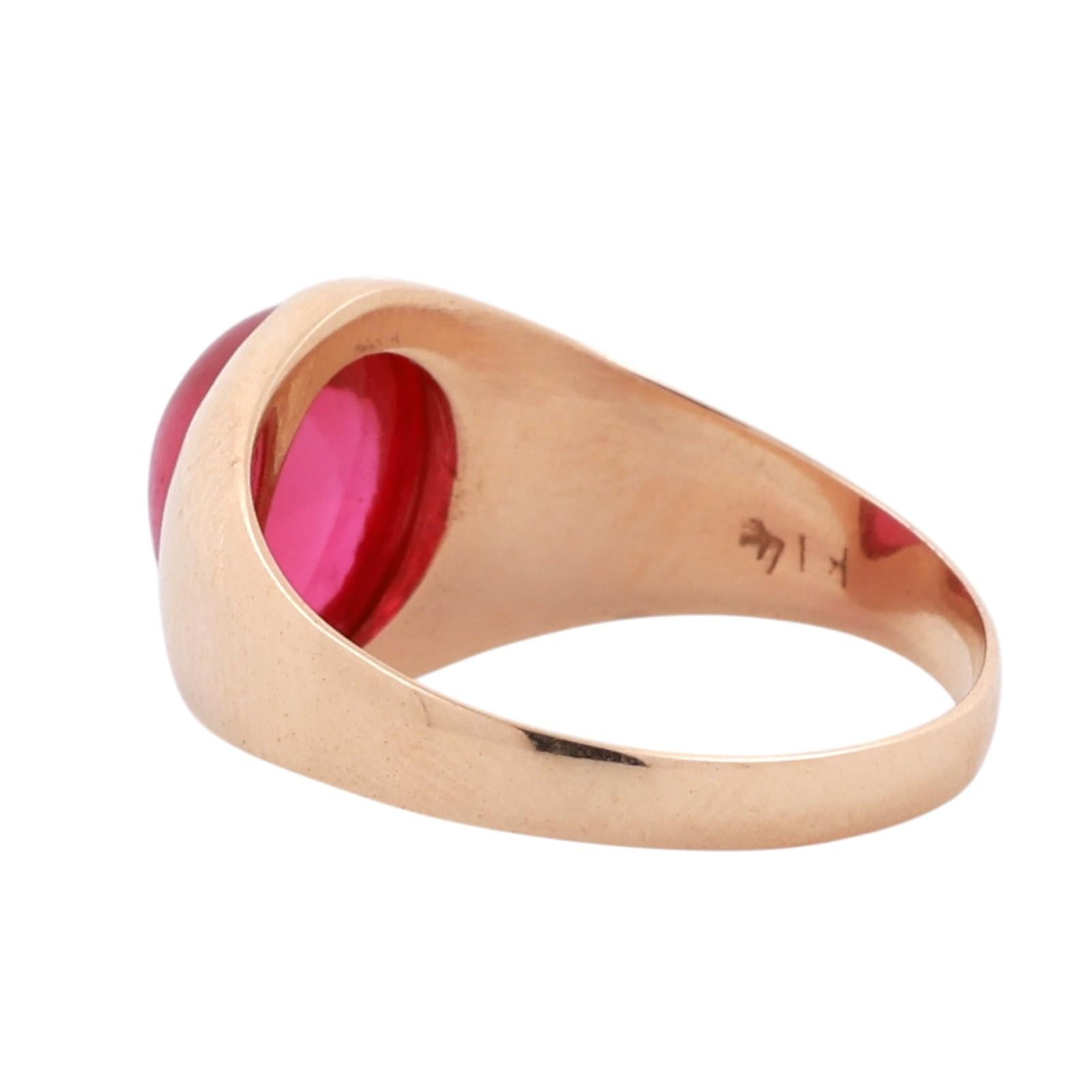 14K Yellow Gold 2.65CT Lab Created Ruby Oval Cabochon Satin Finish Signet Ring