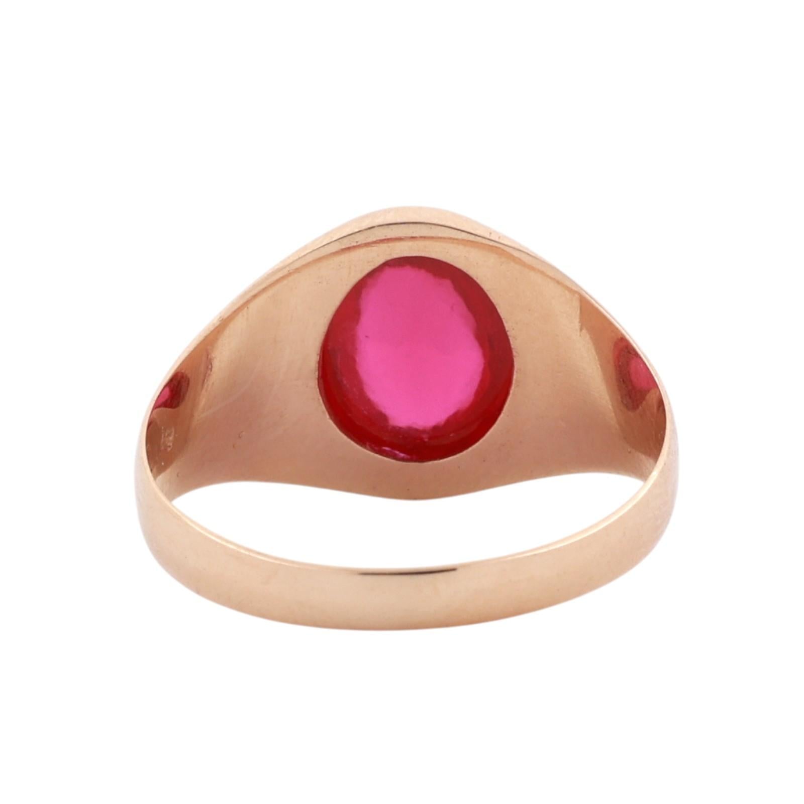 14K Yellow Gold 2.65CT Lab Created Ruby Oval Cabochon Satin Finish Signet Ring