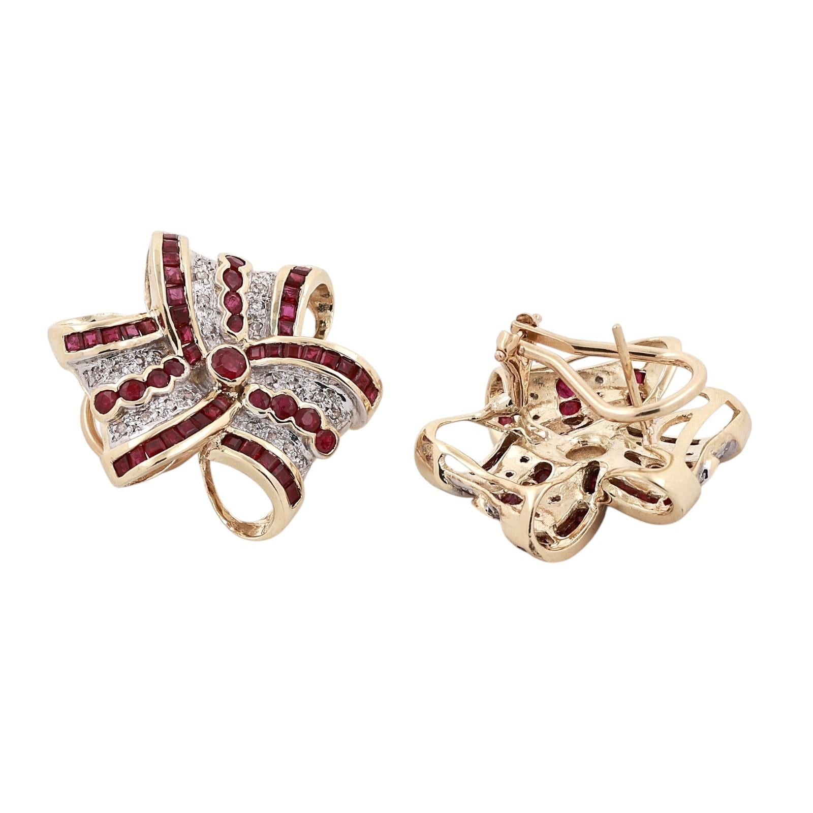 14K Two Tone Gold Ruby Diamond Ribbon Bow Earrings Omega Backs Estate 3.17CTW