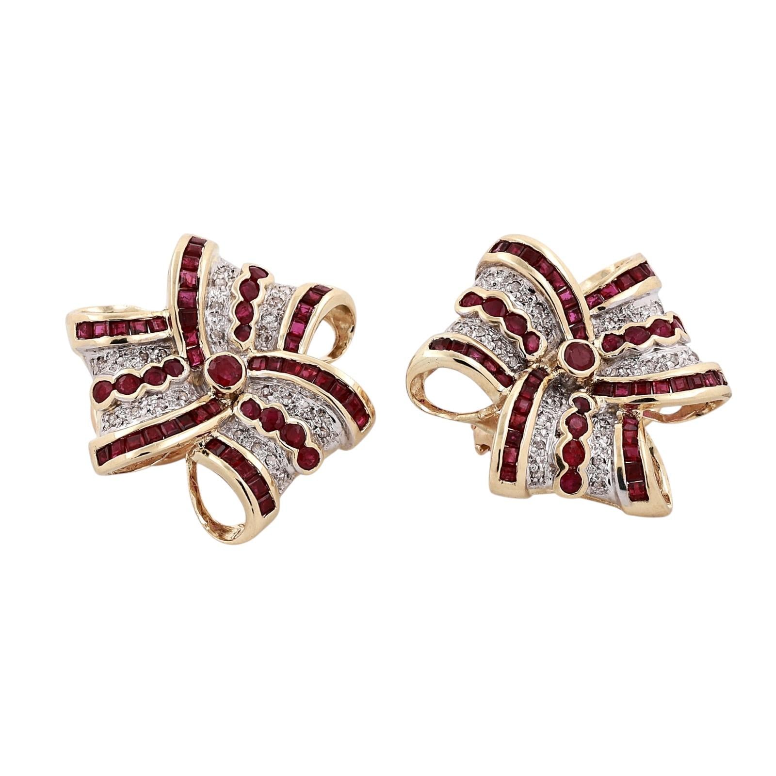 14K Two Tone Gold Ruby Diamond Ribbon Bow Earrings Omega Backs Estate 3.17CTW