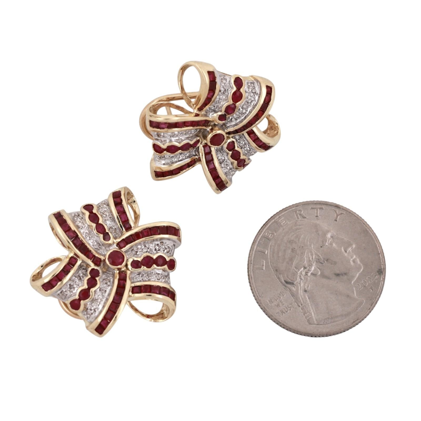 14K Two Tone Gold Ruby Diamond Ribbon Bow Earrings Omega Backs Estate 3.17CTW
