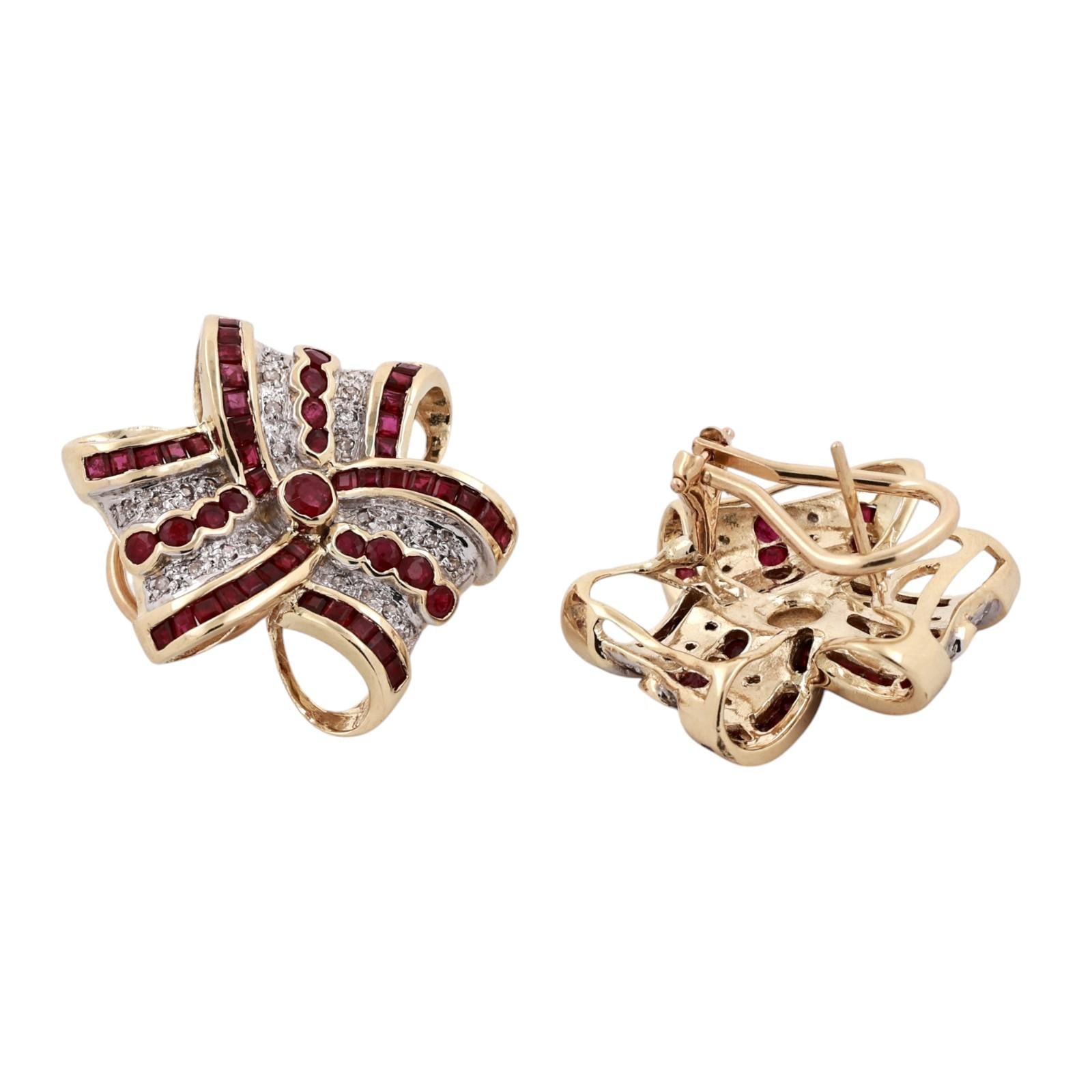 14K Two Tone Gold Ruby Diamond Ribbon Bow Earrings Omega Backs Estate 3.17CTW