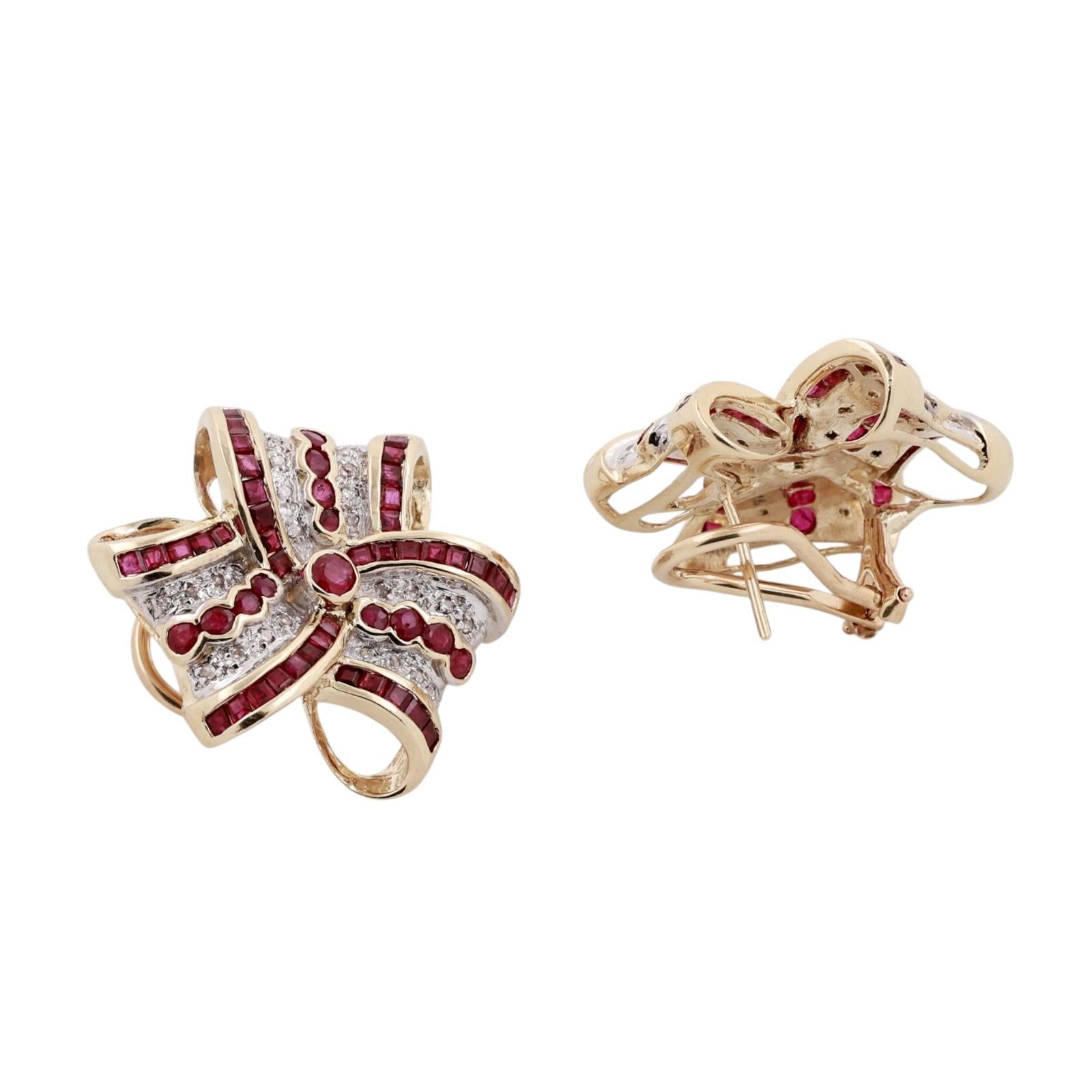 14K Two Tone Gold Ruby Diamond Ribbon Bow Earrings Omega Backs Estate 3.17CTW