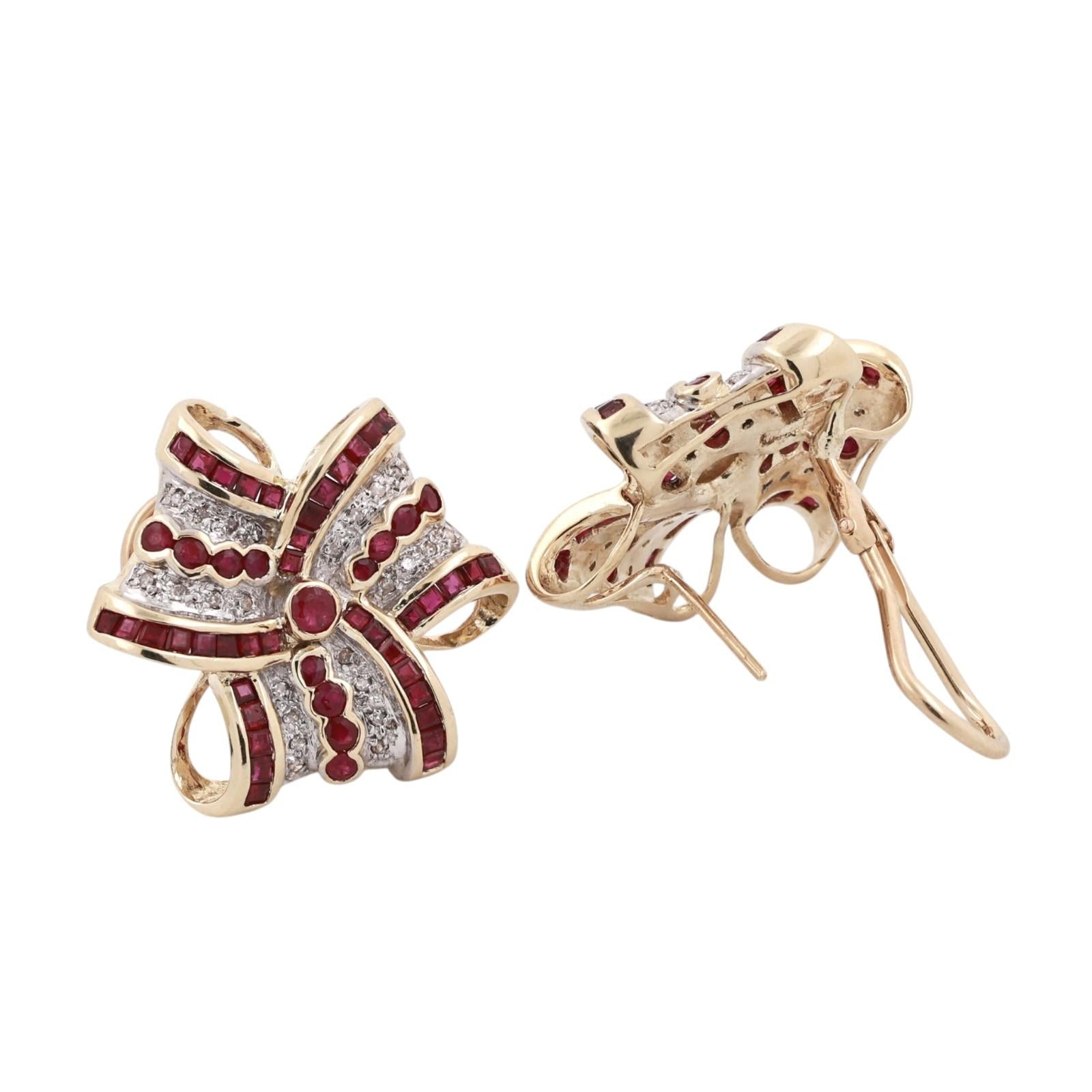 14K Two Tone Gold Ruby Diamond Ribbon Bow Earrings Omega Backs Estate 3.17CTW