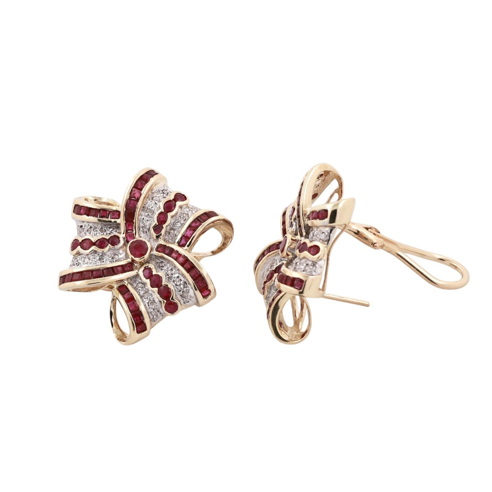 14K Two Tone Gold Ruby Diamond Ribbon Bow Earrings Omega Backs Estate 3.17CTW