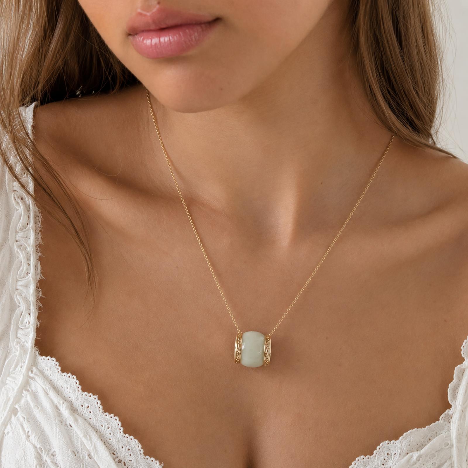 14K Yellow Gold Green Jadeite Jade Dome Cabochon Greek Key Slider Pendant