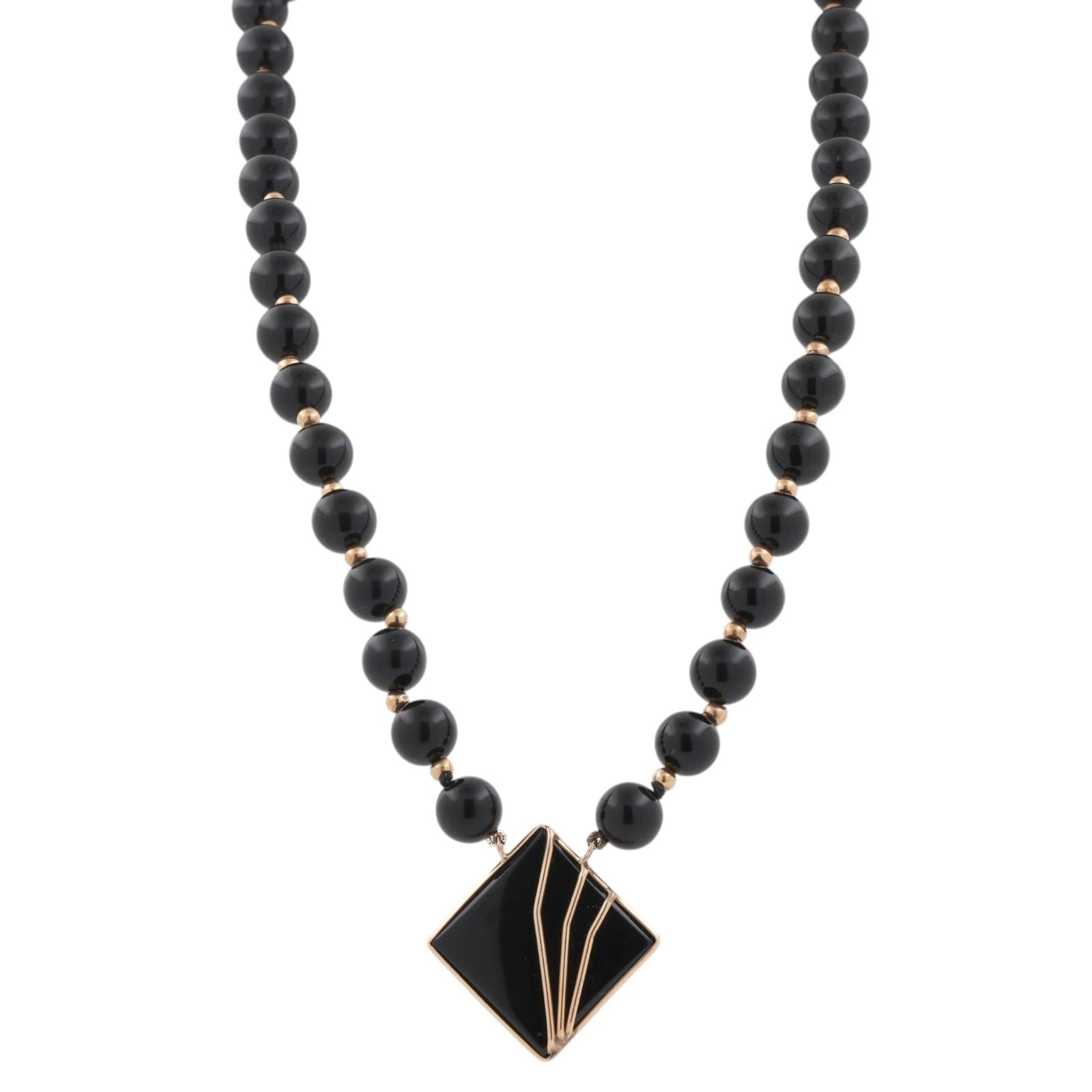 14K Yellow Gold Black Onyx Bead Necklace Diamond Shape Pendant Gold Inlay 29.7g