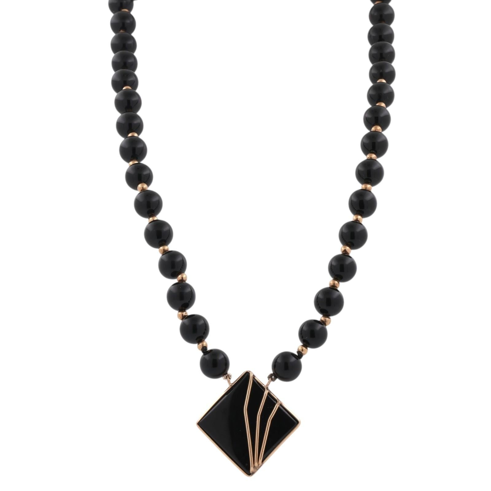 14K Yellow Gold Black Onyx Bead Necklace Diamond Shape Pendant Gold Inlay 29.7g