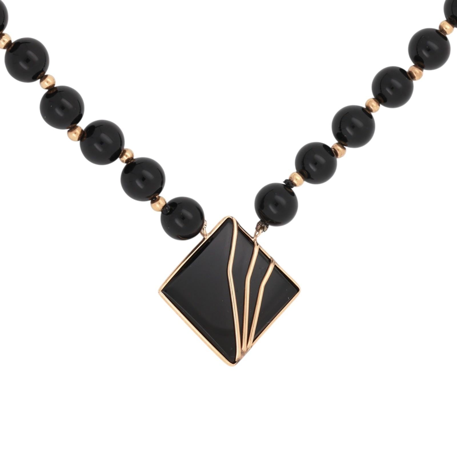 14K Yellow Gold Black Onyx Bead Necklace Diamond Shape Pendant Gold Inlay 29.7g
