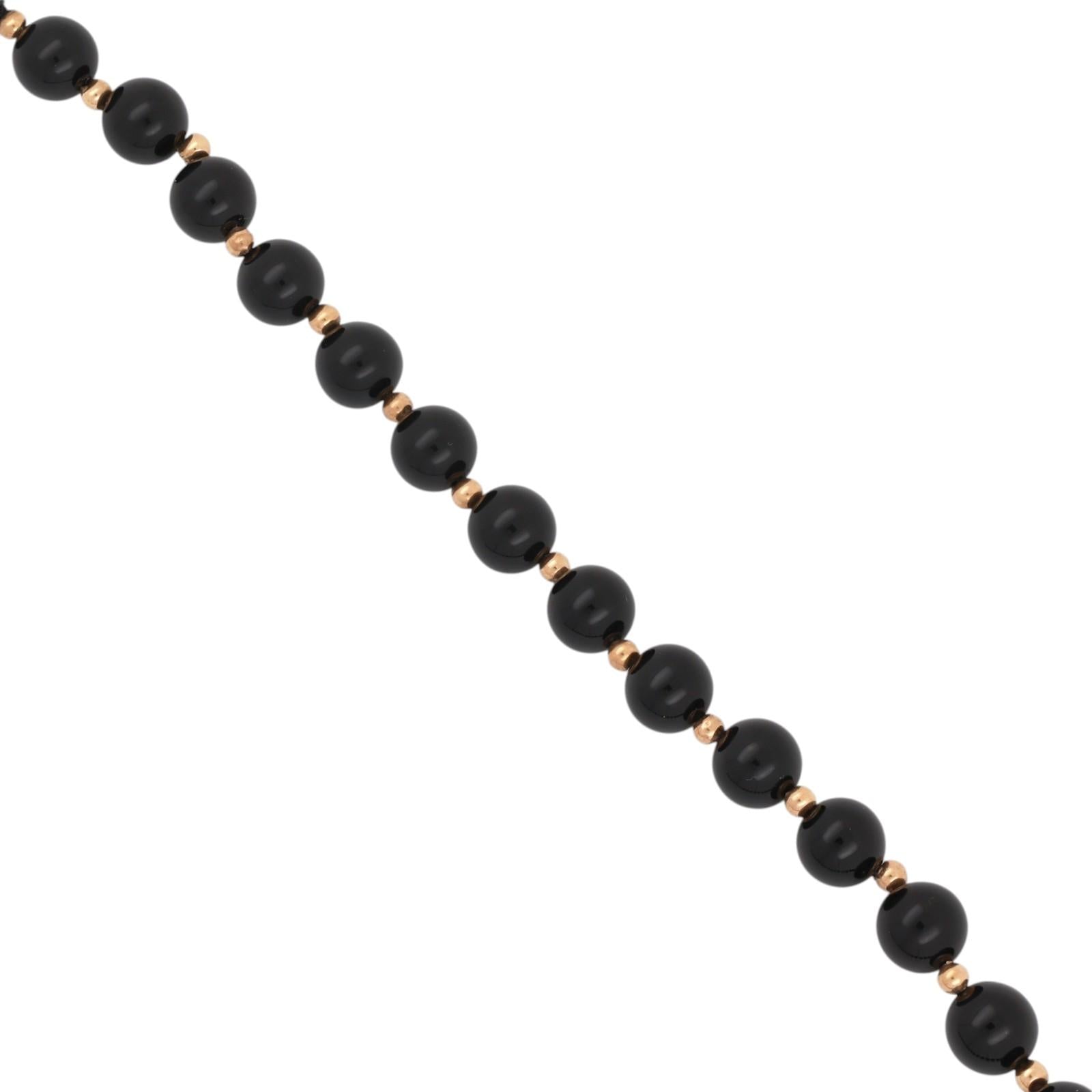 14K Yellow Gold Black Onyx Bead Necklace Diamond Shape Pendant Gold Inlay 29.7g