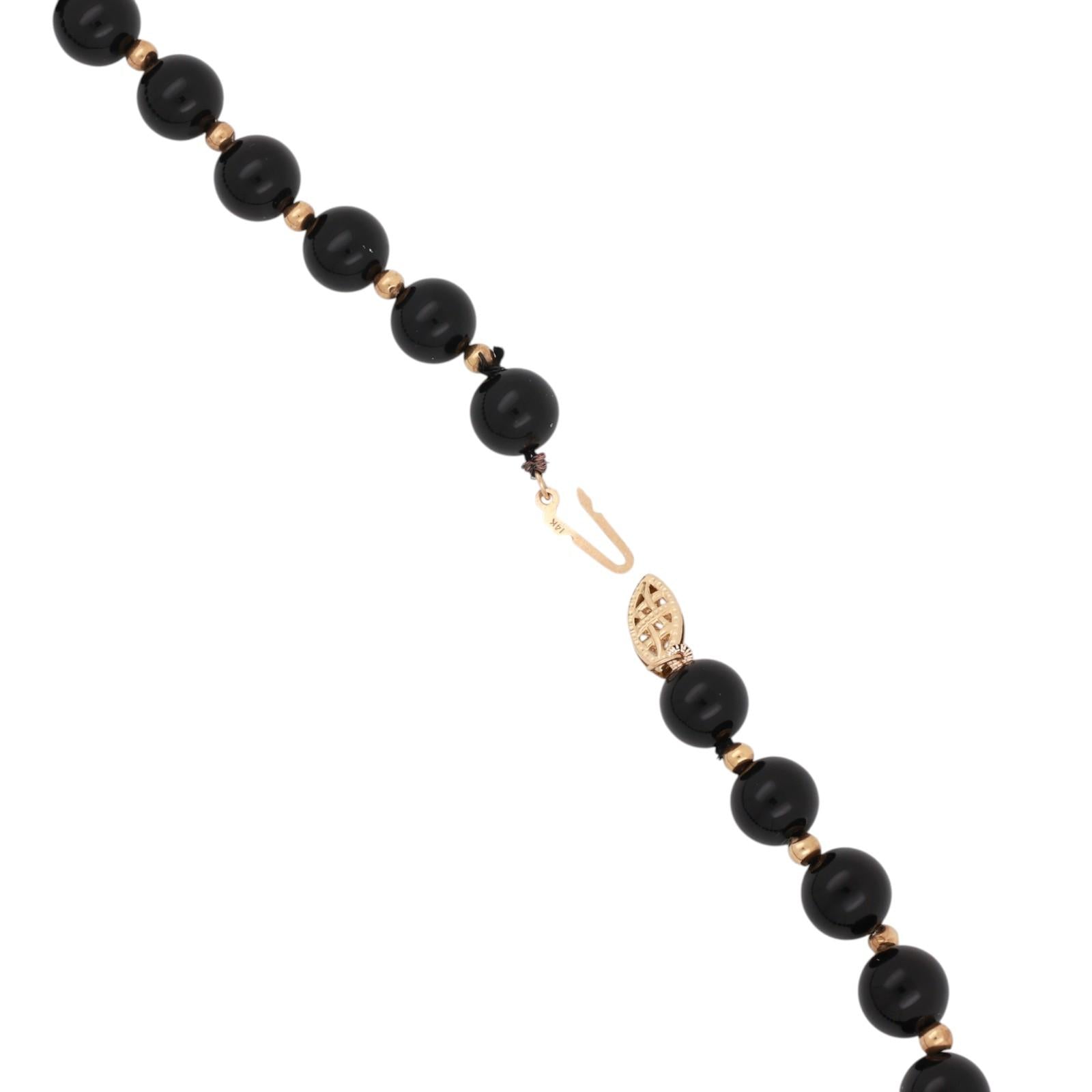 14K Yellow Gold Black Onyx Bead Necklace Diamond Shape Pendant Gold Inlay 29.7g