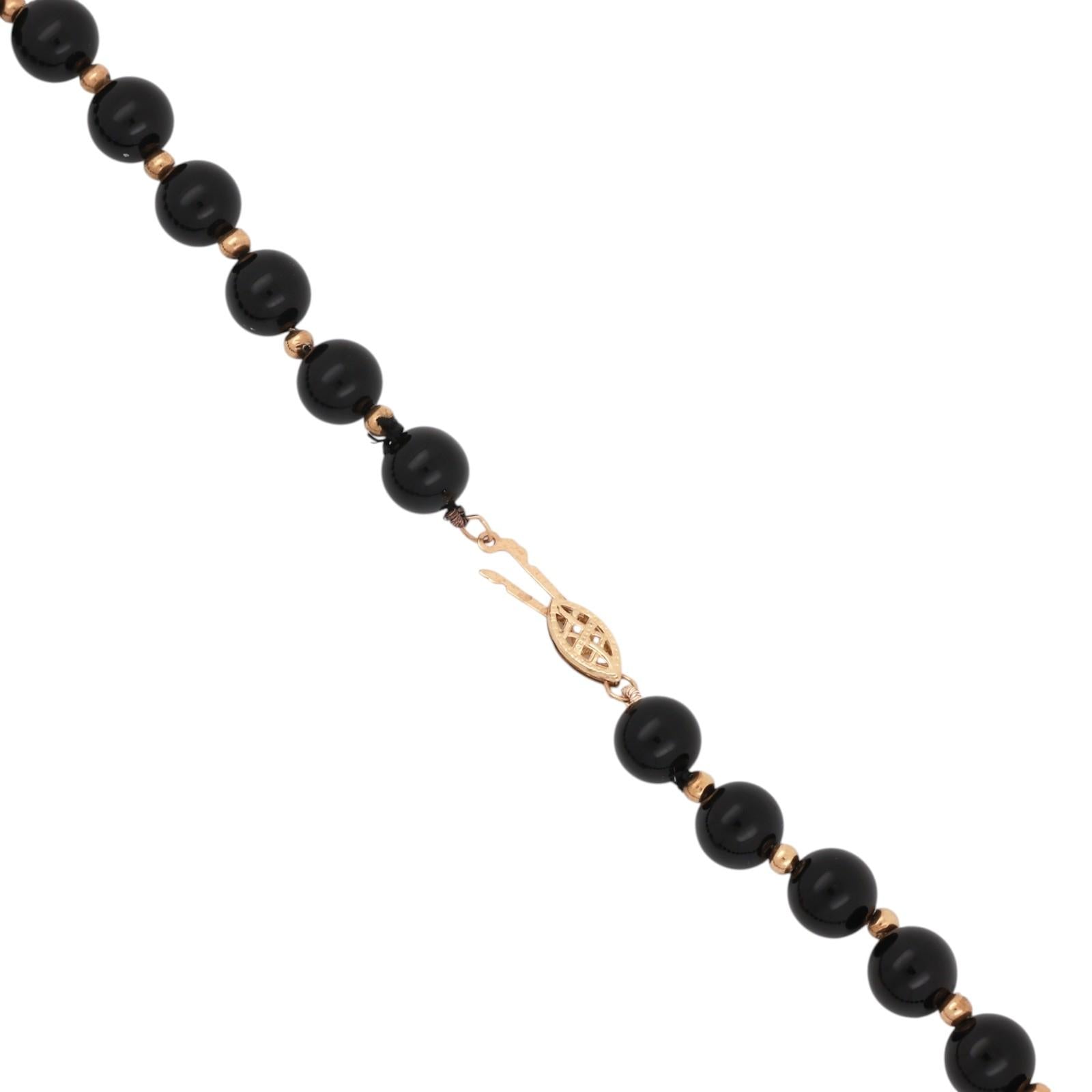 14K Yellow Gold Black Onyx Bead Necklace Diamond Shape Pendant Gold Inlay 29.7g