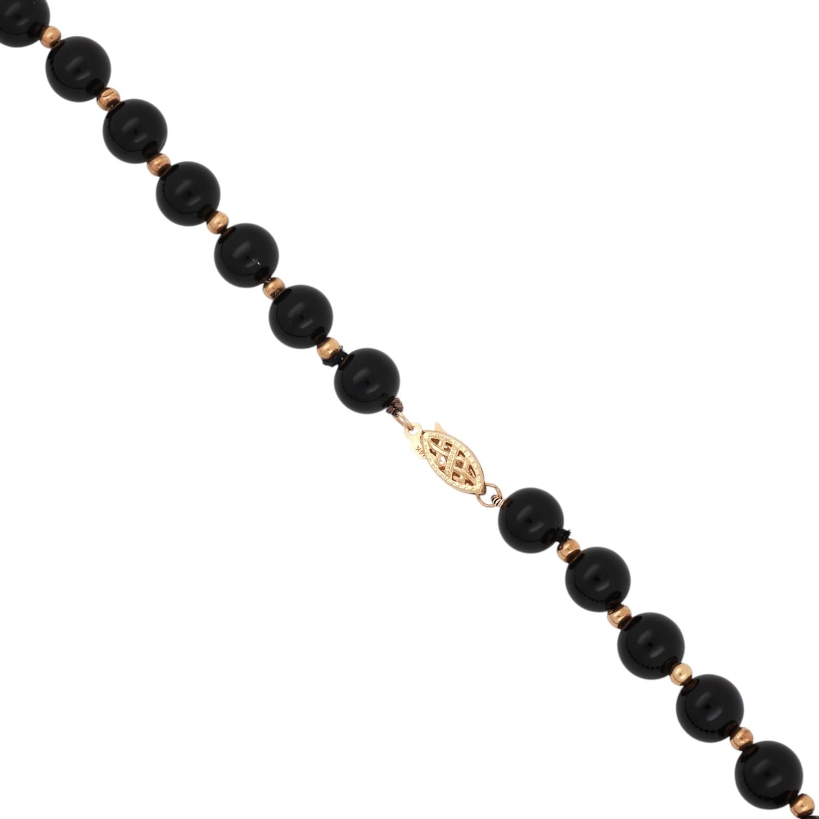14K Yellow Gold Black Onyx Bead Necklace Diamond Shape Pendant Gold Inlay 29.7g