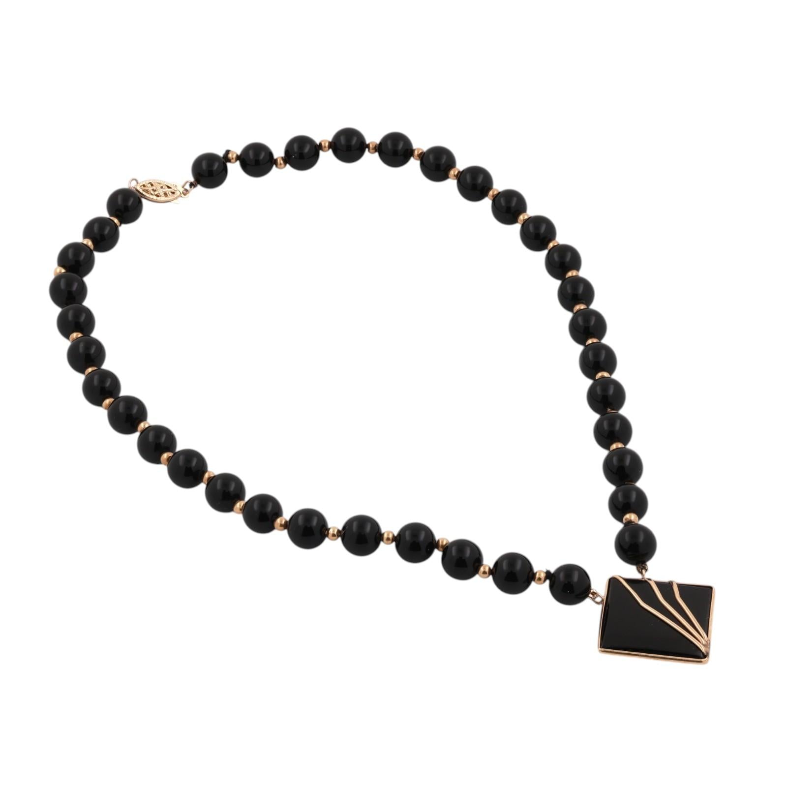 14K Yellow Gold Black Onyx Bead Necklace Diamond Shape Pendant Gold Inlay 29.7g