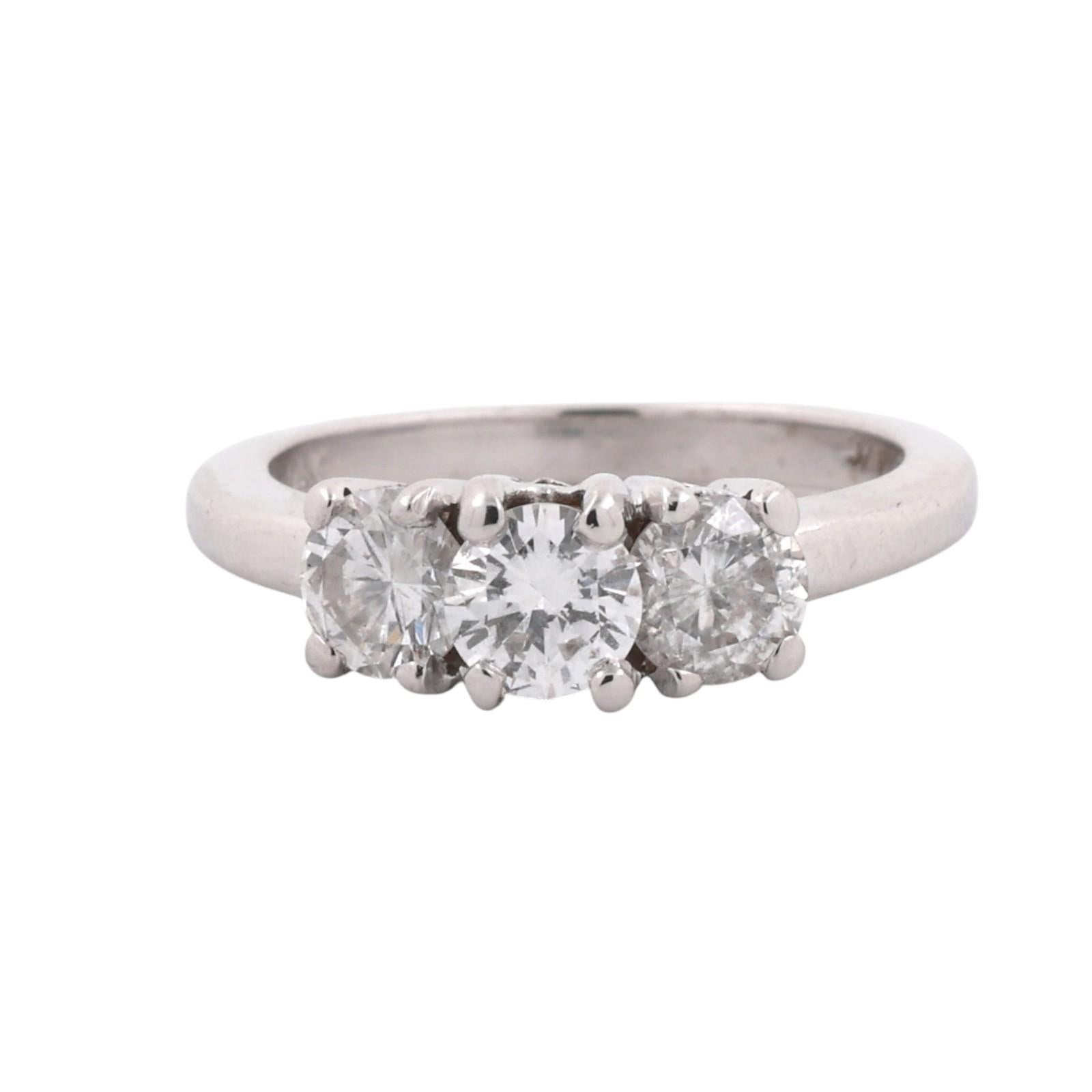 14K White Gold Round Brilliant Diamond Three Stone Ring 1.35ctw Size 6.25