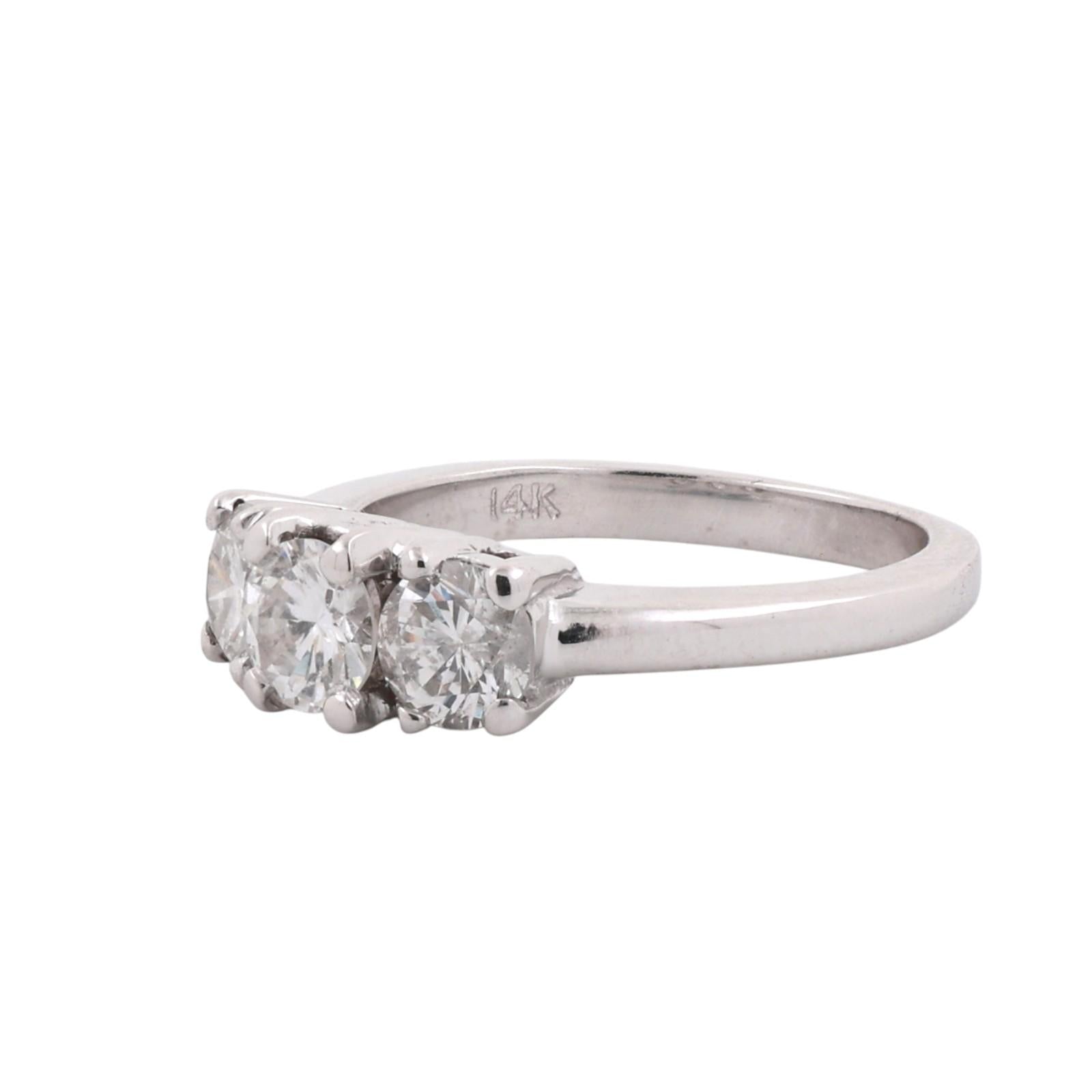 14K White Gold Round Brilliant Diamond Three Stone Ring 1.35ctw Size 6.25