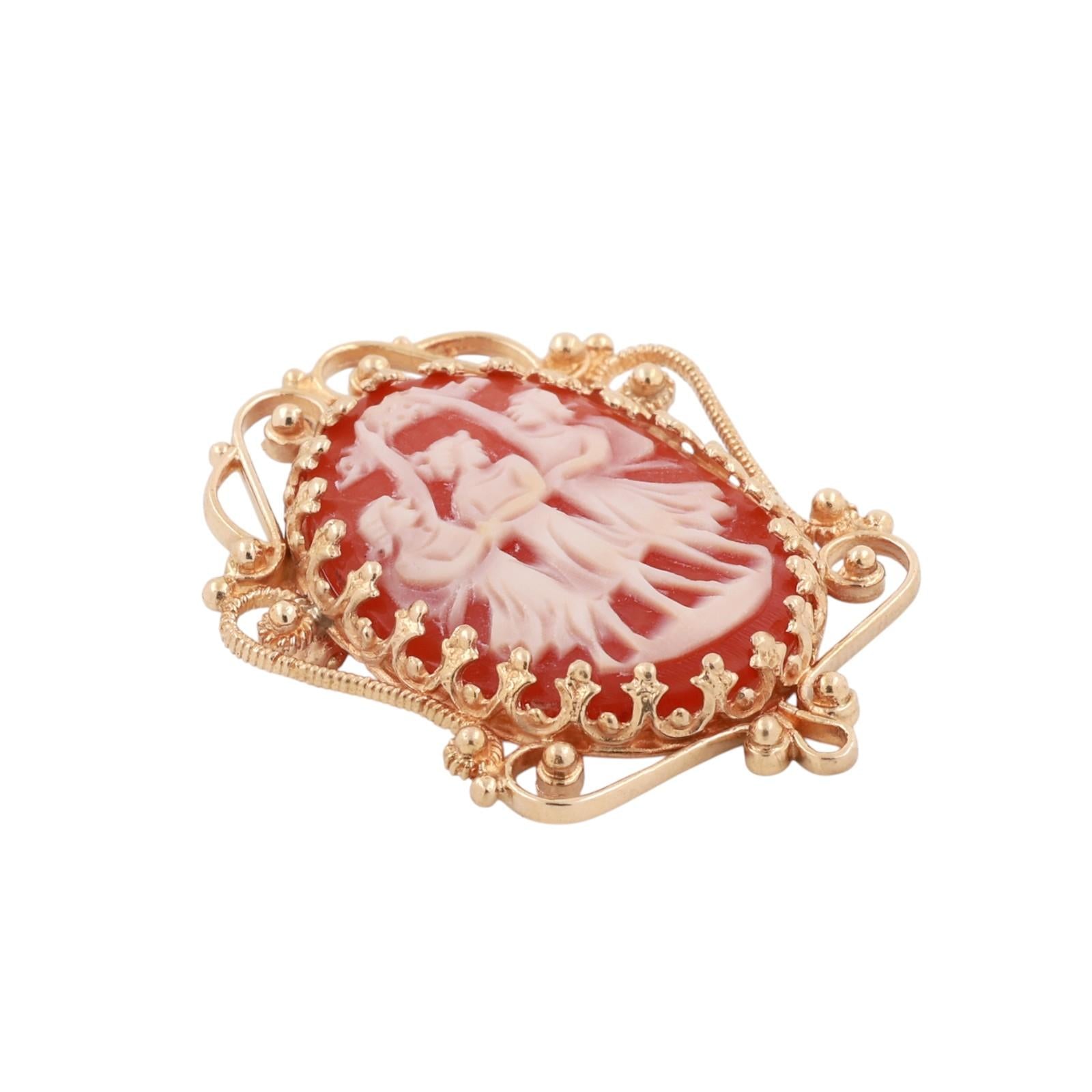 Vintage Filigree Yellow Gold Three Graces Cameo Oval Filigree Brooch Pin Pendant