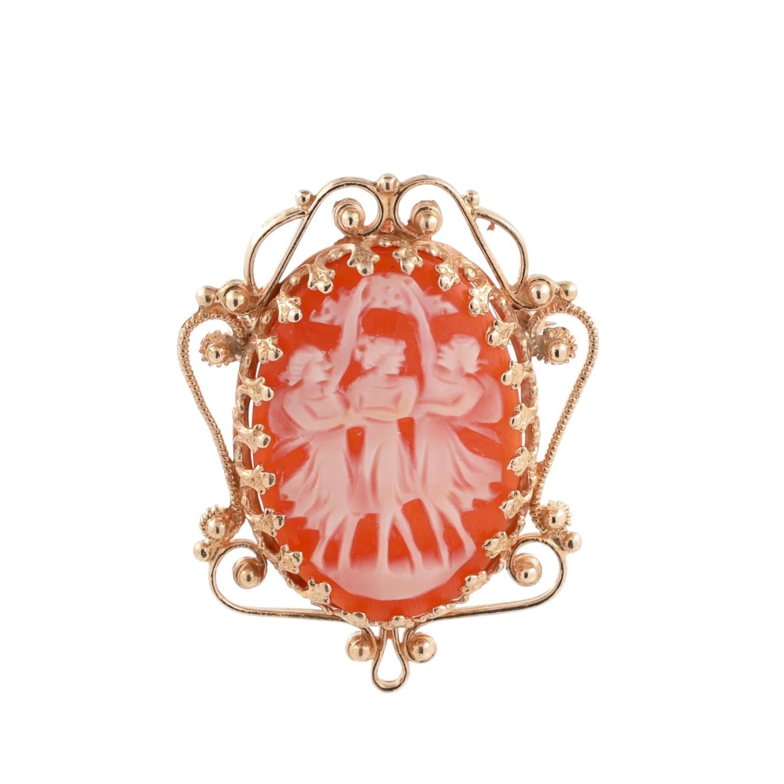 Vintage Filigree Yellow Gold Three Graces Cameo Oval Filigree Brooch Pin Pendant
