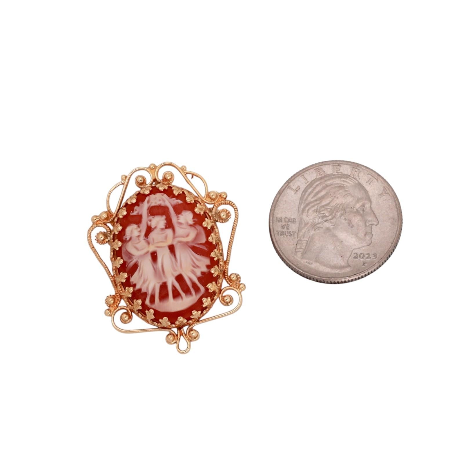 Vintage Filigree Yellow Gold Three Graces Cameo Oval Filigree Brooch Pin Pendant