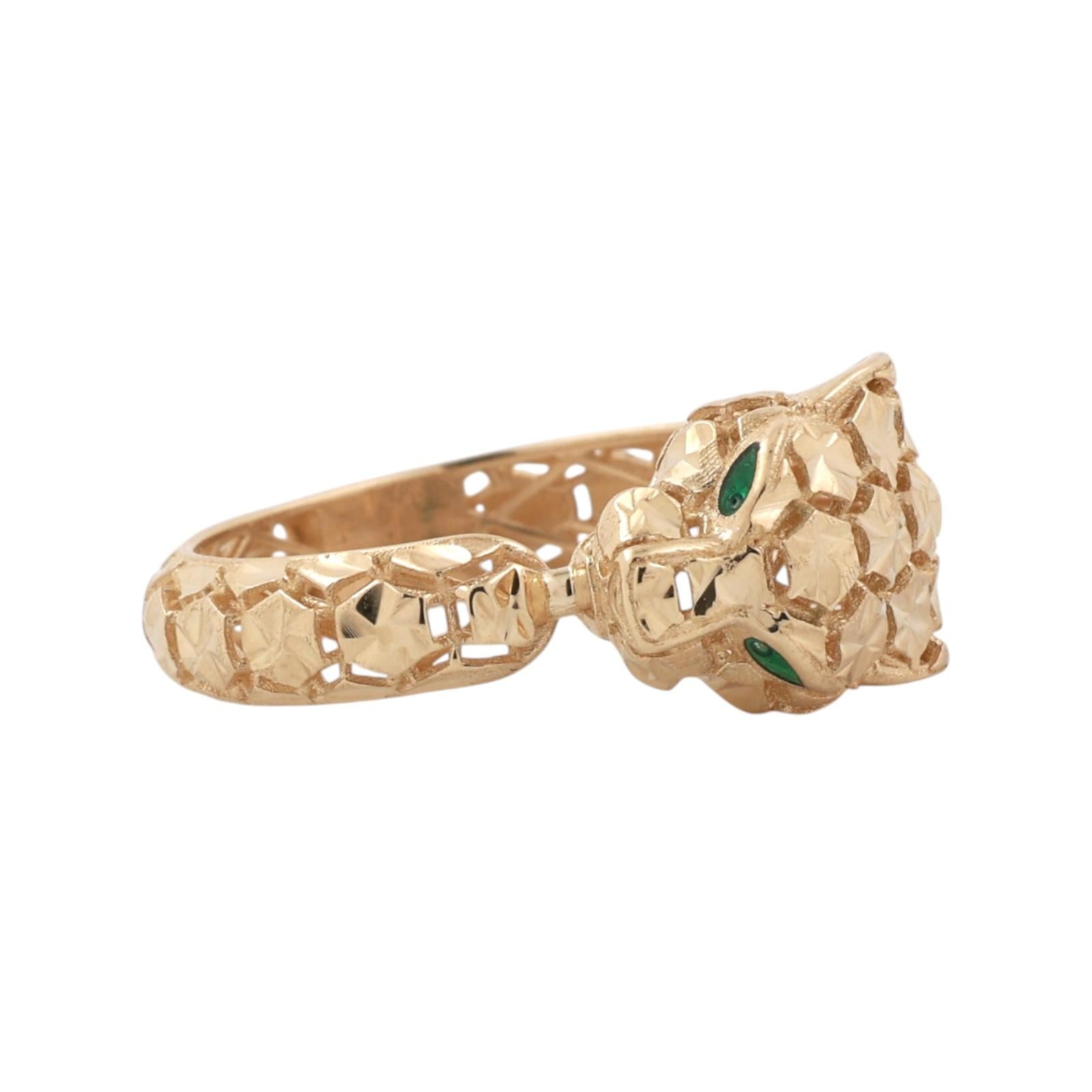 Vintage 14K Italy Yellow Gold Panther Ring Green Eyes Unisex Estate Size 7.25