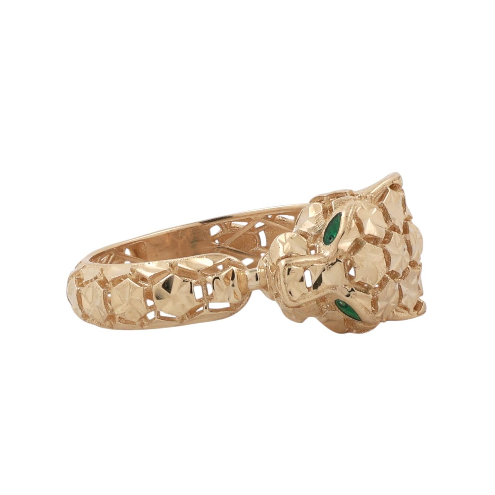 Vintage 14K Italy Yellow Gold Panther Ring Green Eyes Unisex Estate Size 7.25