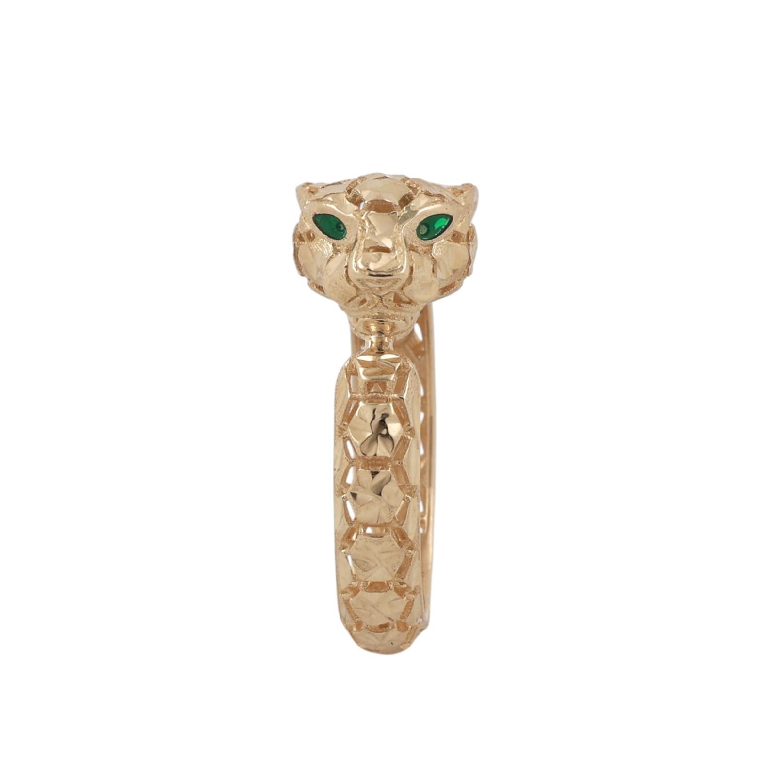 Vintage 14K Italy Yellow Gold Panther Ring Green Eyes Unisex Estate Size 7.25