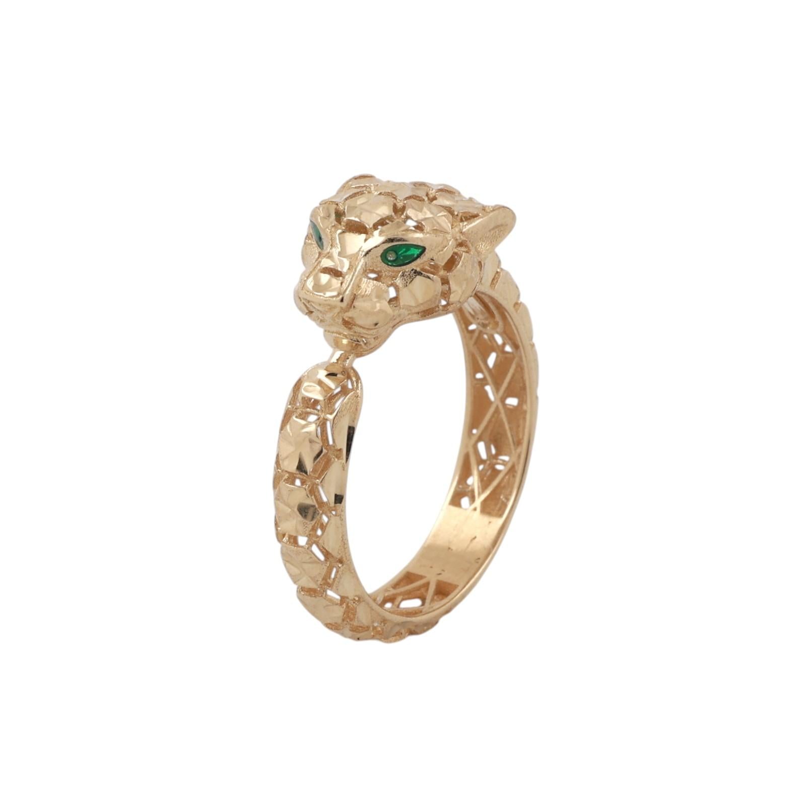 Vintage 14K Italy Yellow Gold Panther Ring Green Eyes Unisex Estate Size 7.25