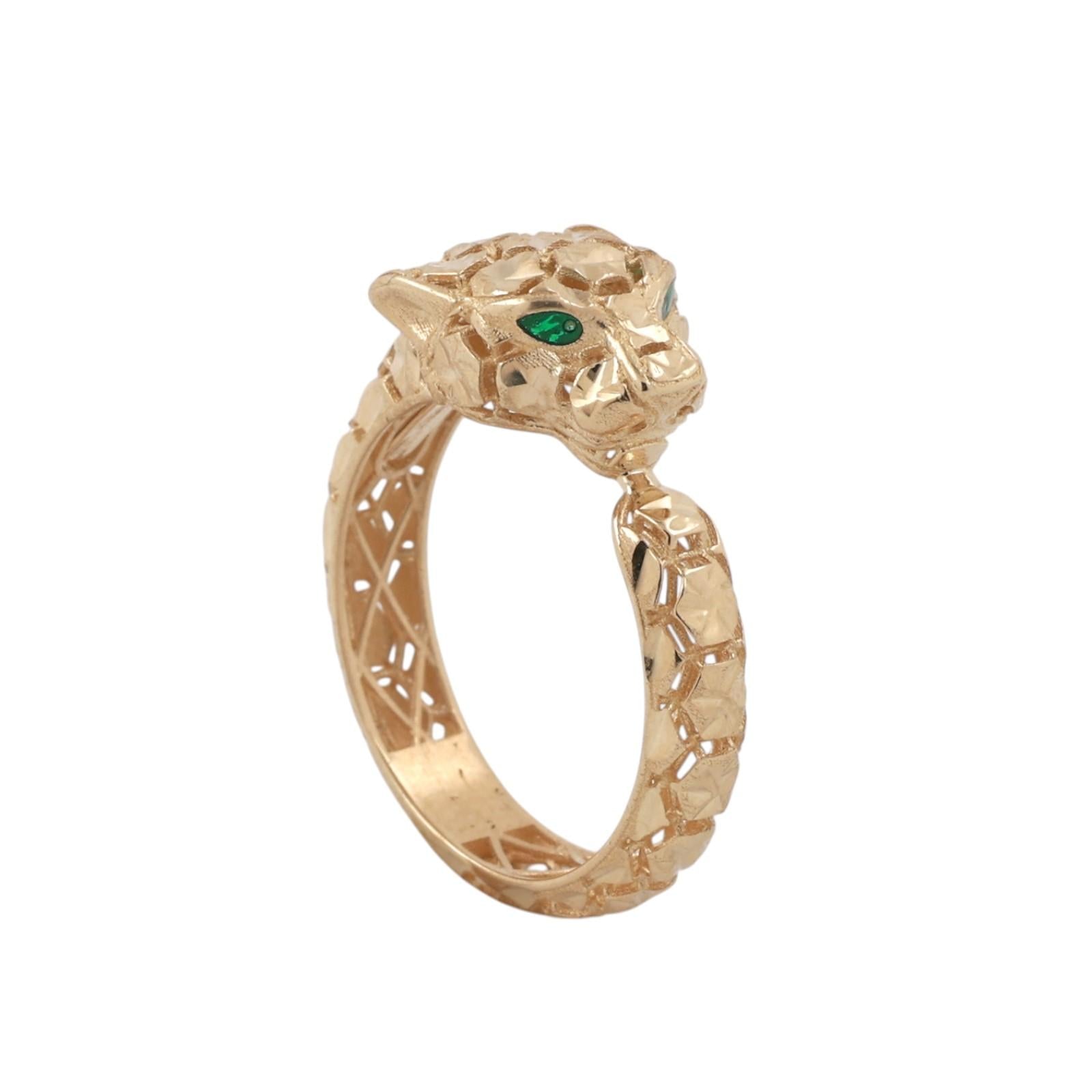 Vintage 14K Italy Yellow Gold Panther Ring Green Eyes Unisex Estate Size 7.25