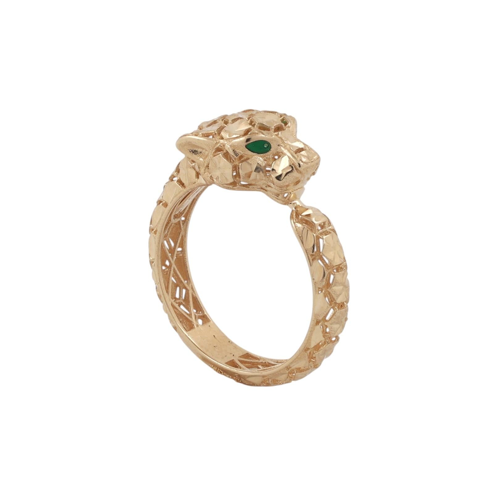 Vintage 14K Italy Yellow Gold Panther Ring Green Eyes Unisex Estate Size 7.25