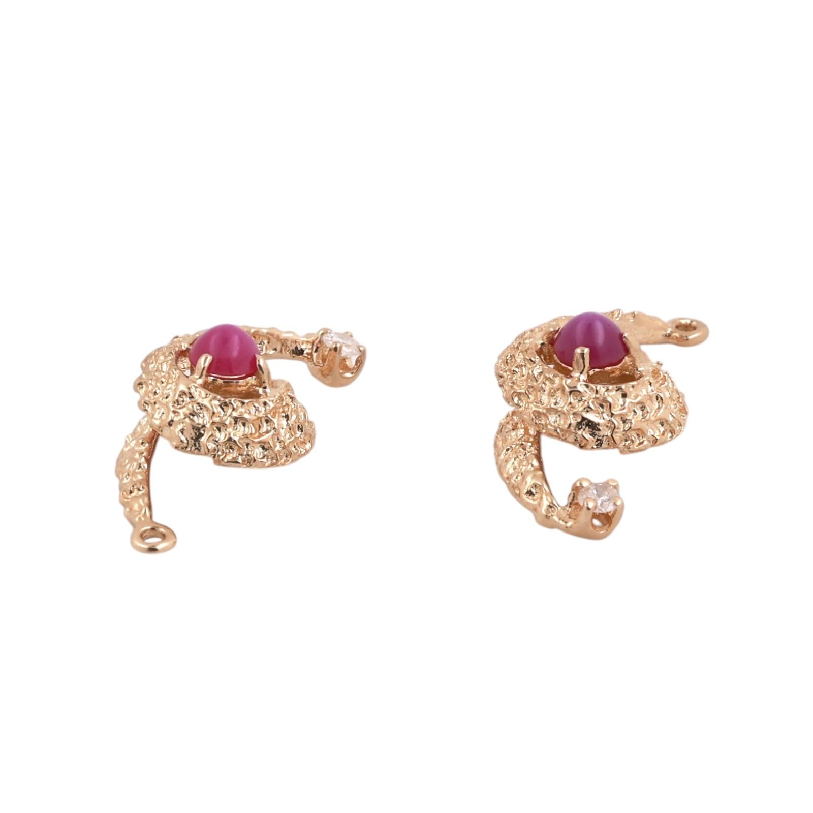 Yellow Gold Lab Red Star Sapphire Diamond Swirl Earring Attachments Vintage