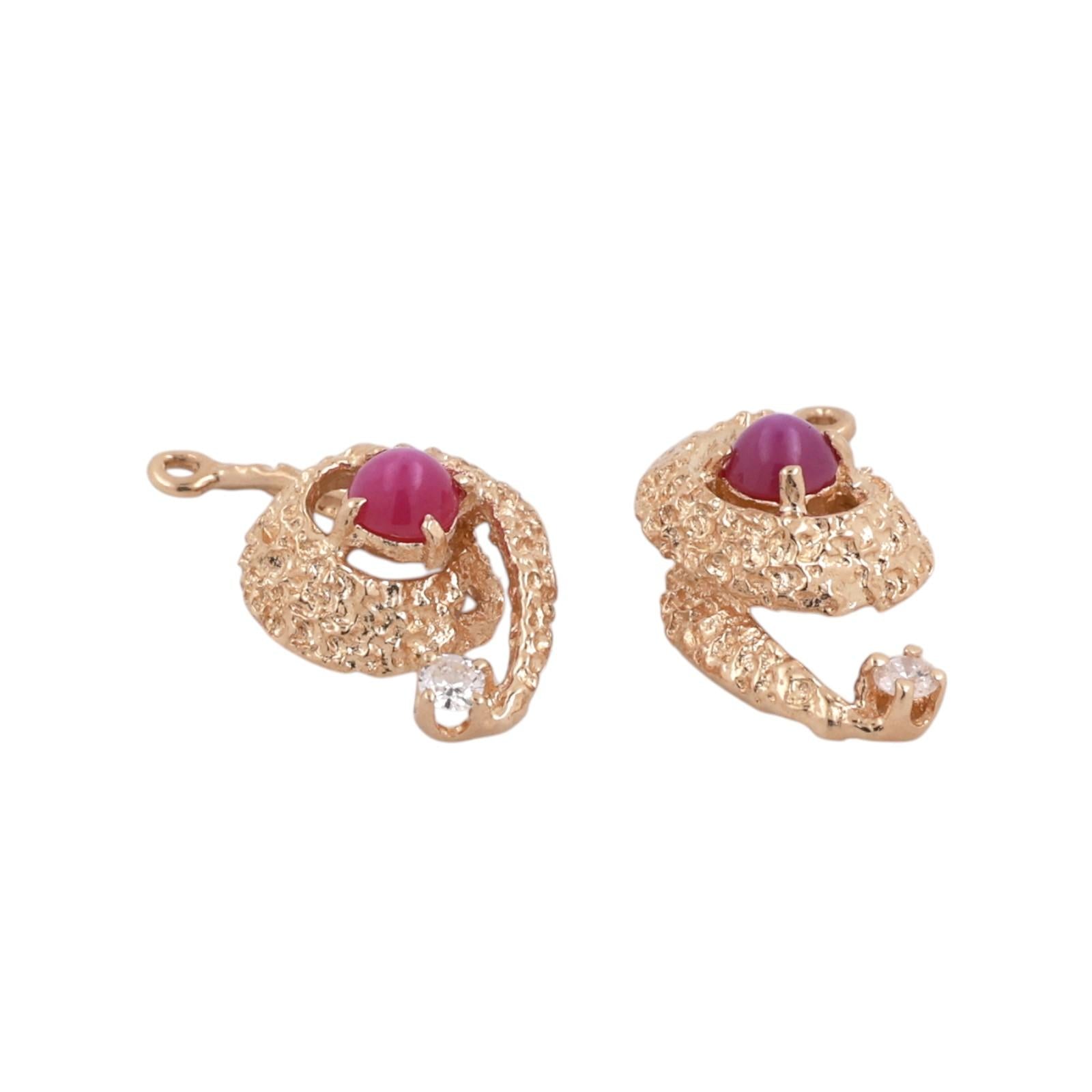 Yellow Gold Lab Red Star Sapphire Diamond Swirl Earring Attachments Vintage