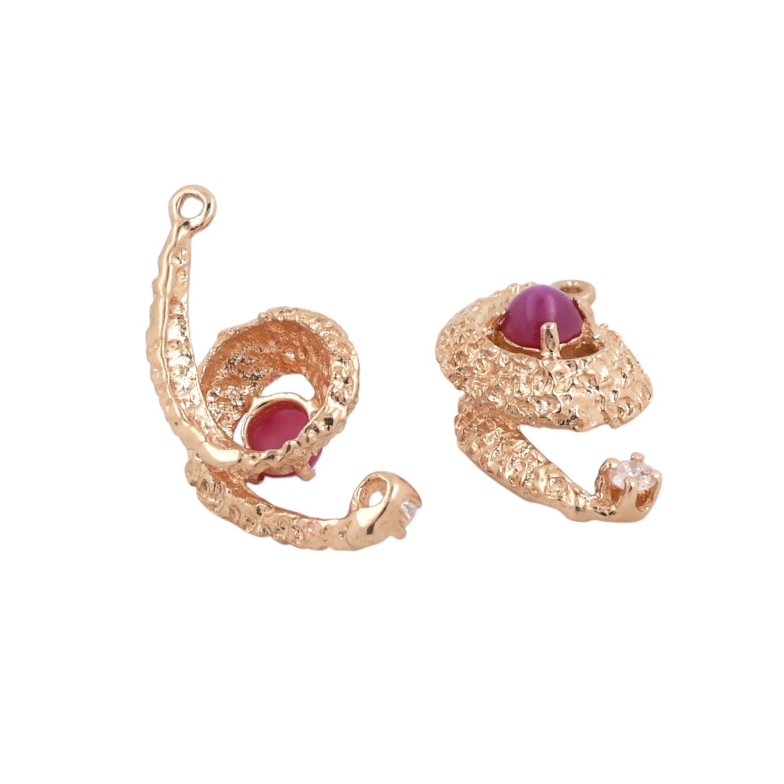 Yellow Gold Lab Red Star Sapphire Diamond Swirl Earring Attachments Vintage