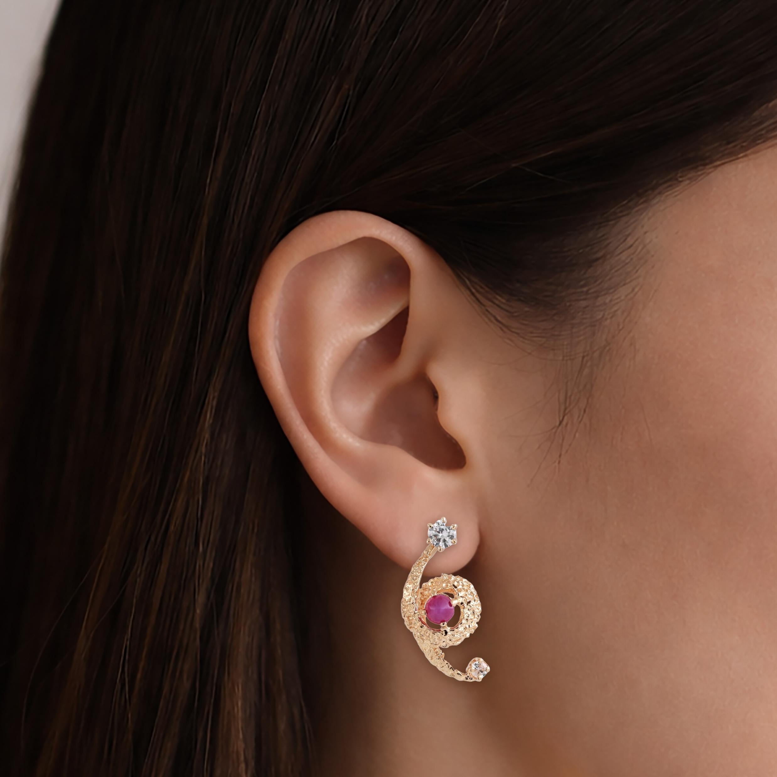 Yellow Gold Lab Red Star Sapphire Diamond Swirl Earring Attachments Vintage