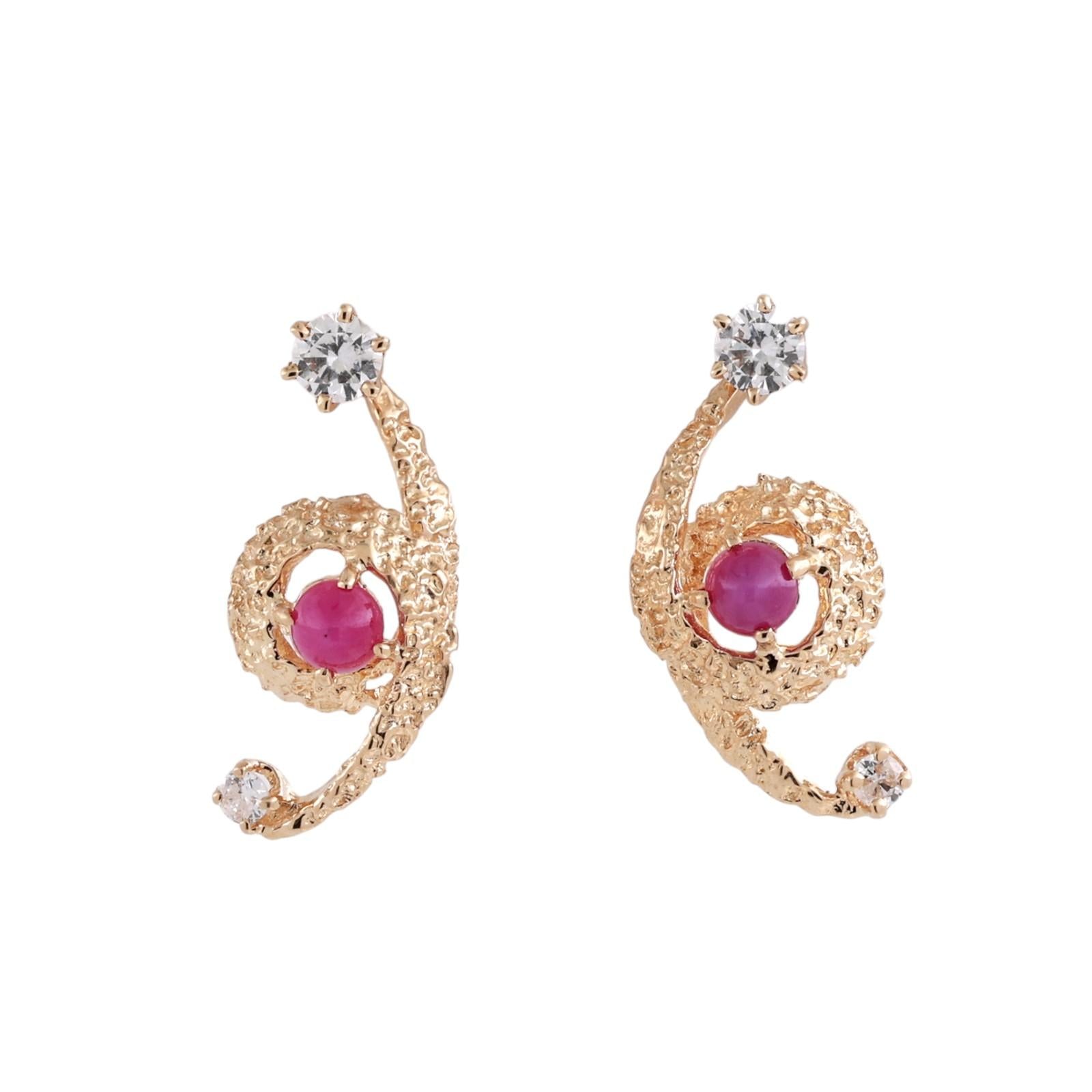 Yellow Gold Lab Red Star Sapphire Diamond Swirl Earring Attachments Vintage