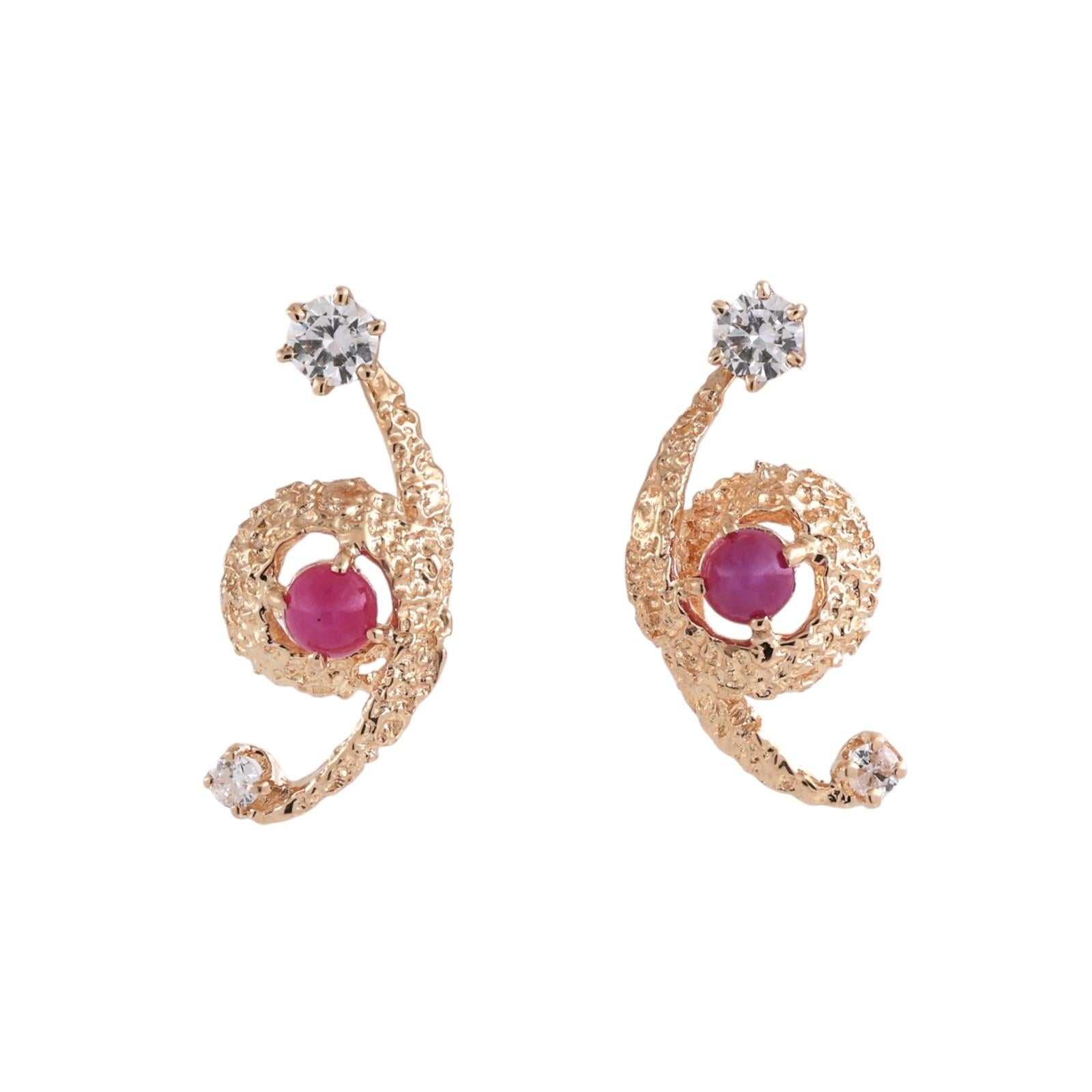 Yellow Gold Lab Red Star Sapphire Diamond Swirl Earring Attachments Vintage