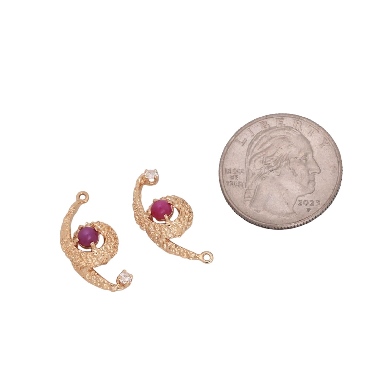 Yellow Gold Lab Red Star Sapphire Diamond Swirl Earring Attachments Vintage